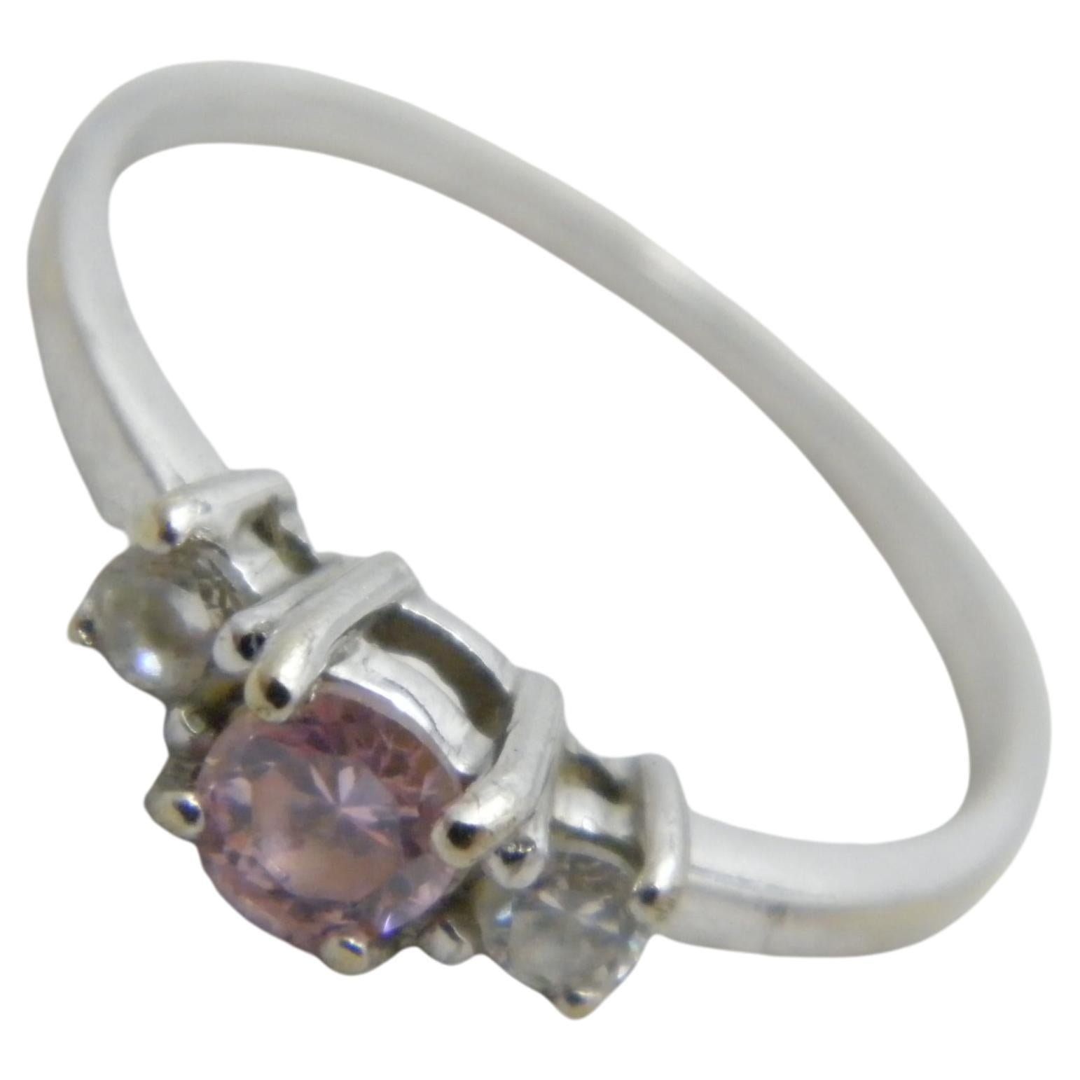 Bargain Vintage 9ct White Gold Pink Sapphire and Diamond Paste Trilogy Ring For Sale