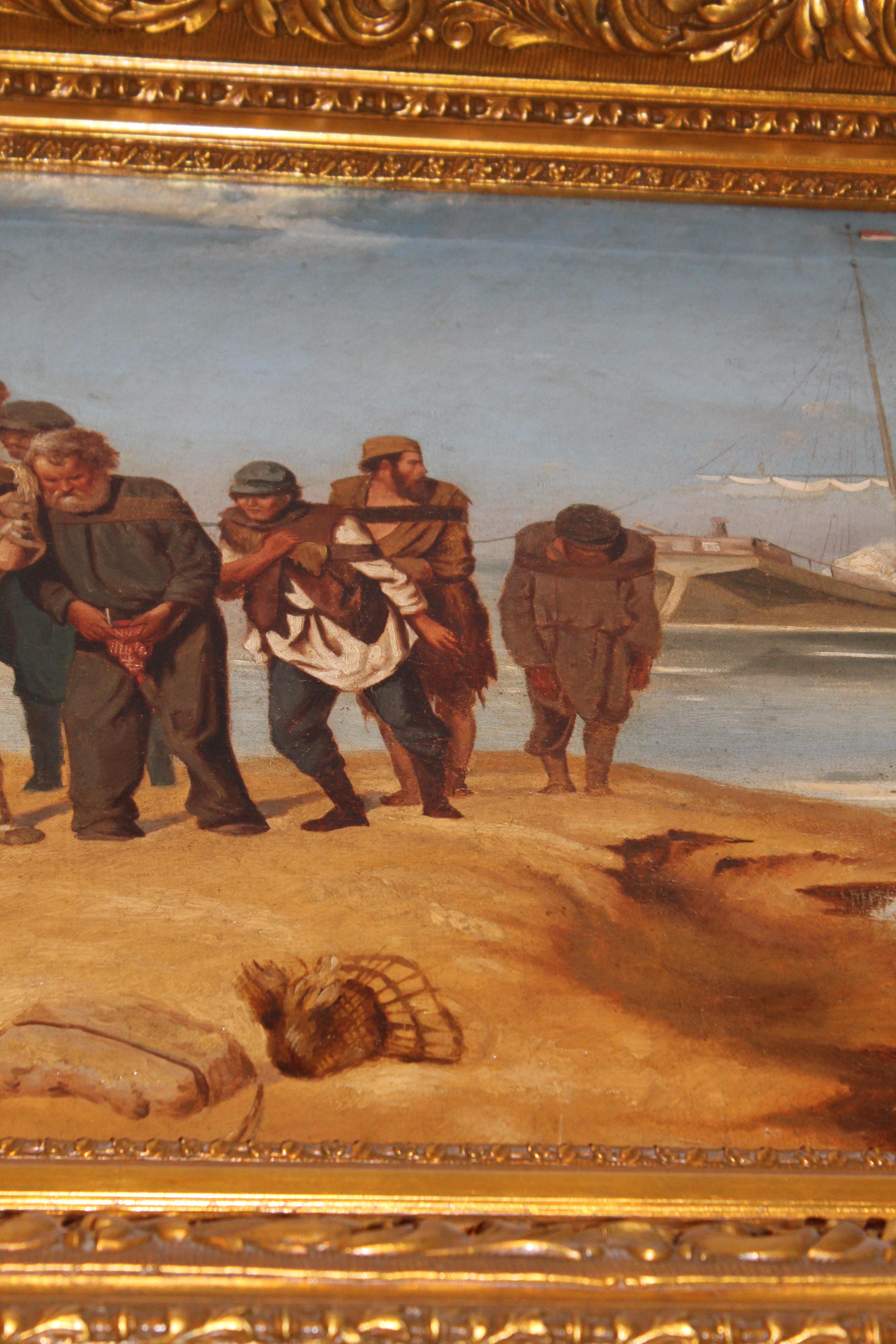 A giltwood framed oil painting of “Barge Haulers on the Volga” after the renowned version by the Russian artist Ilya Repin (19th Century). Depicting eleven men on the bank of the Volga river in Russia, each with roped tied to their chest as they