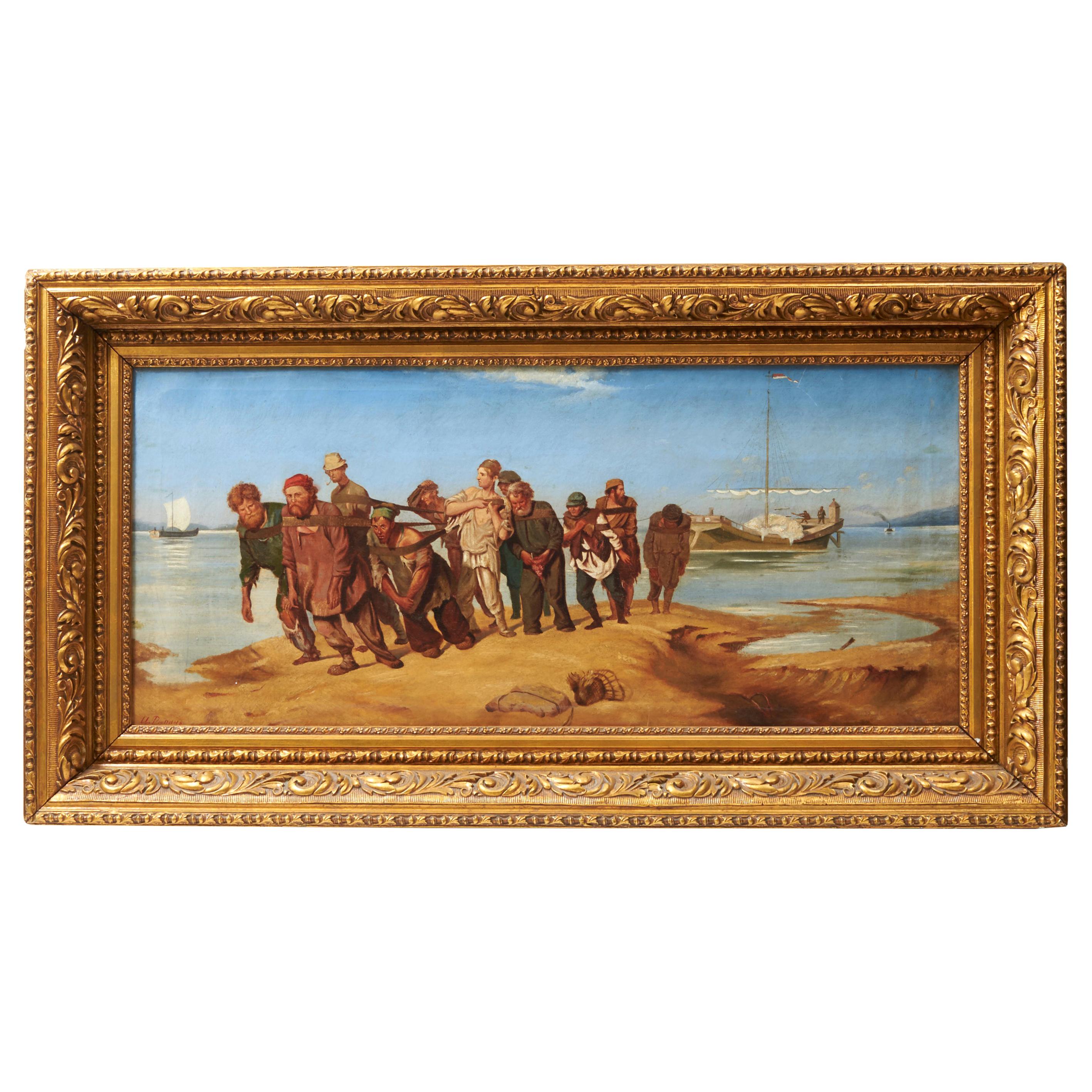"Barge Haulers on the Volga" 19th Century Oil Painting, Signed 'U. Piennho' For Sale