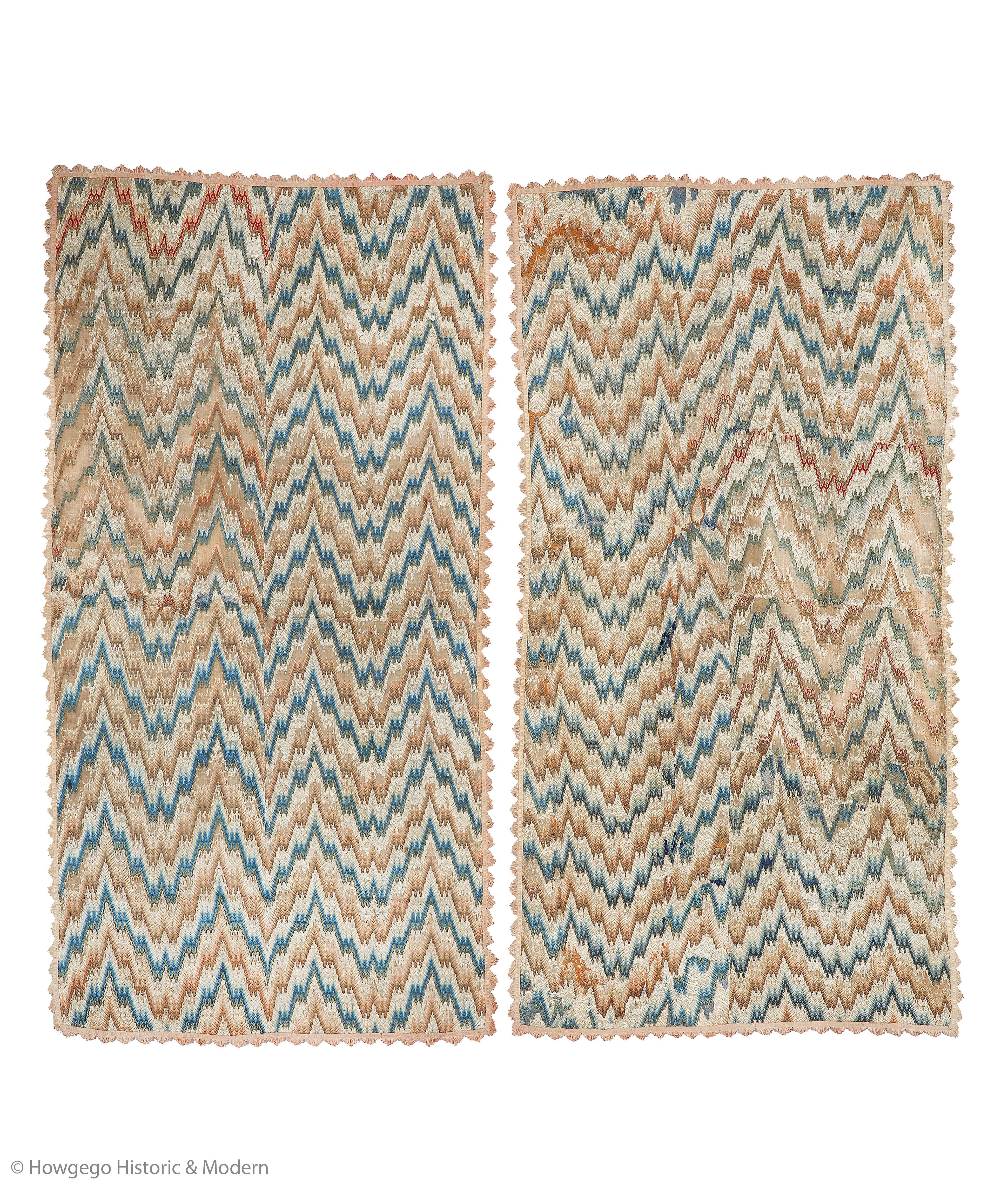 Spetchley park, Bargello, silk, bed curtains adapted into wall hangings in the 19th century

• The use of silk, patterning and size suggests that these striking Bargello hangings were almost certainly conceived as bed curtains. In the Green