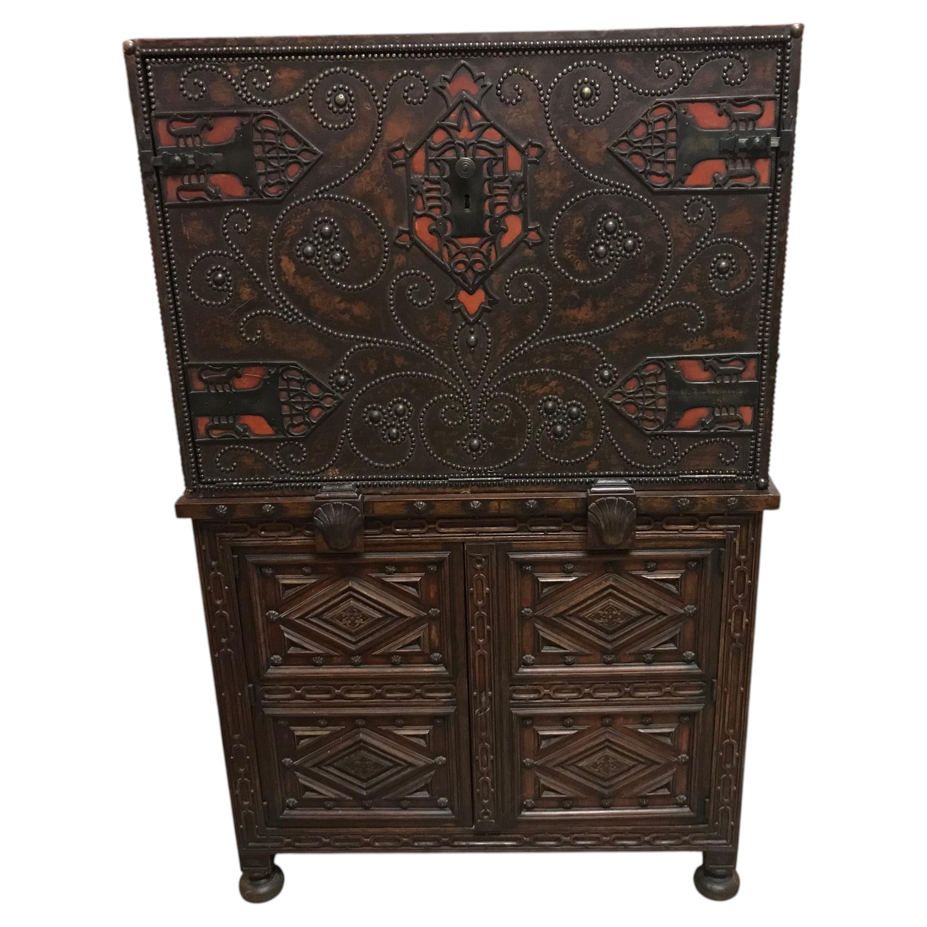 Spanish Colonial Revival Cabinet, Leather & Wood, Hand-Carved, 1920 For Sale