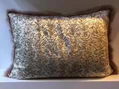 Bargusin Sable Fur Cushion with Hand Embroidered Back in Silver and Oyster