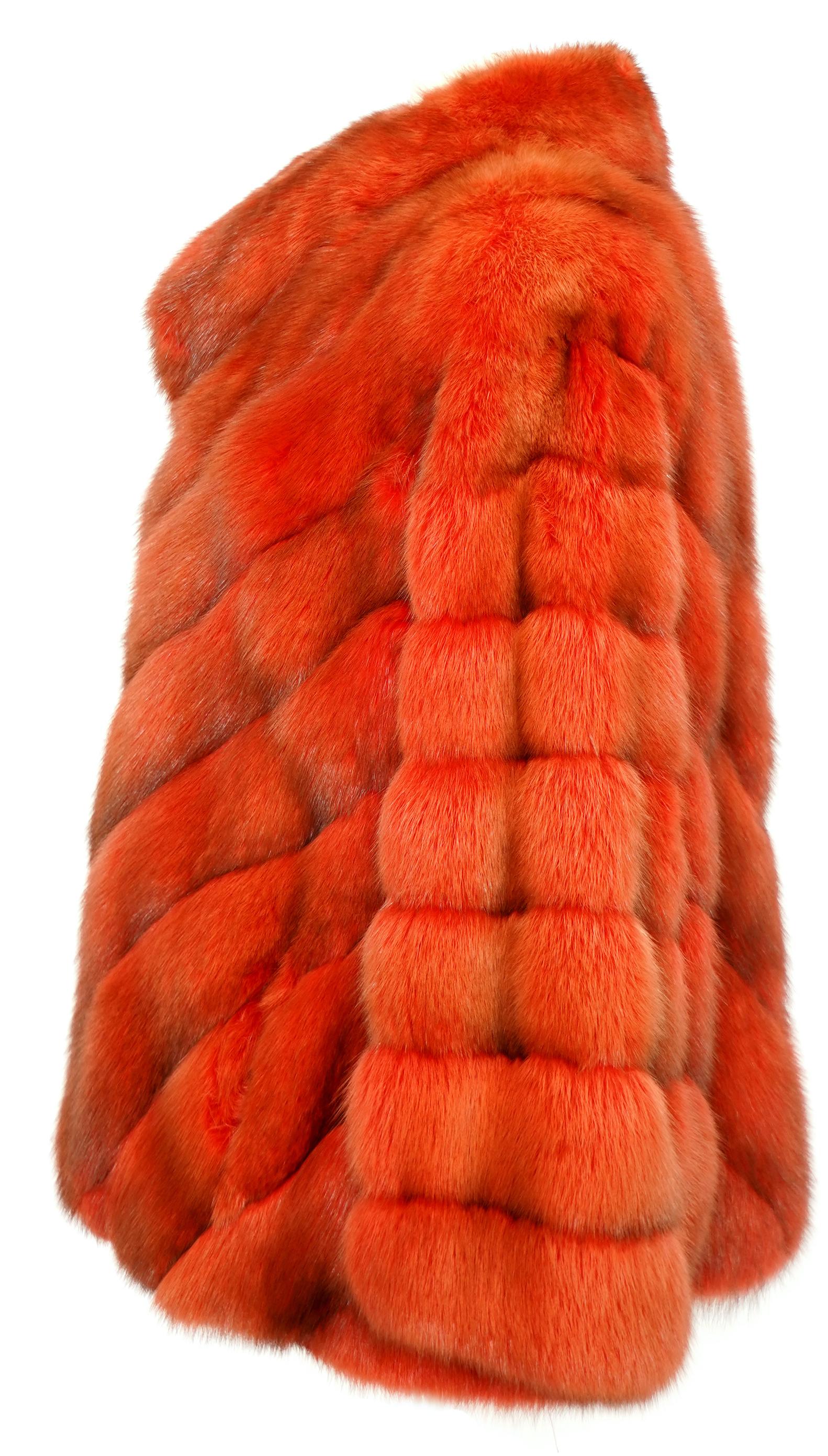 Barguzin hooded reversible dyed red sable jacket with diagonal panels, snap closure. Helen Yarmak exclusive fully detachable 100% silk lining. Fur origin - Russia. Color - red/black. 