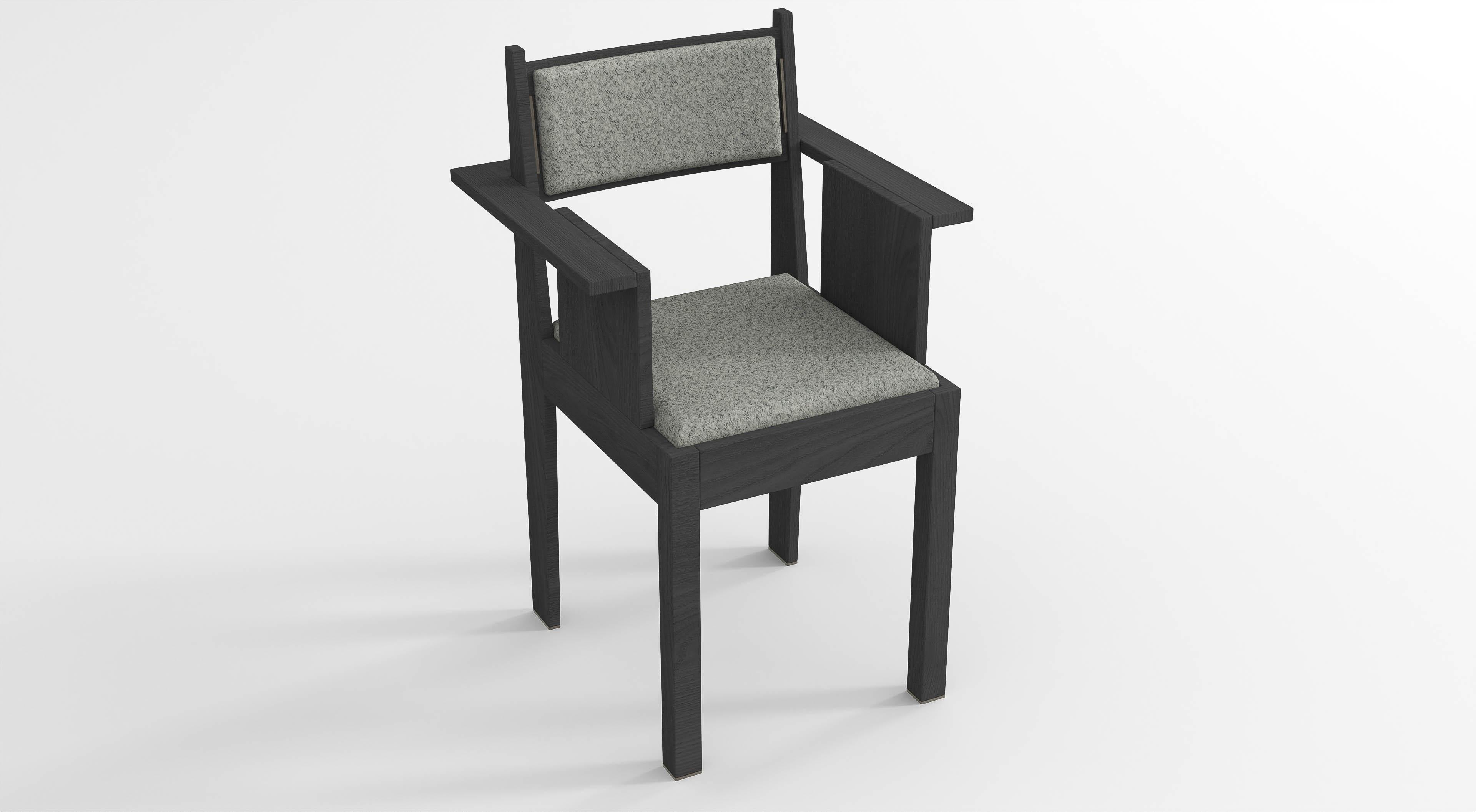 Belgian Barh Armchair in Black Stained Ash Wood with Bronze Details and Gray Upholstery For Sale