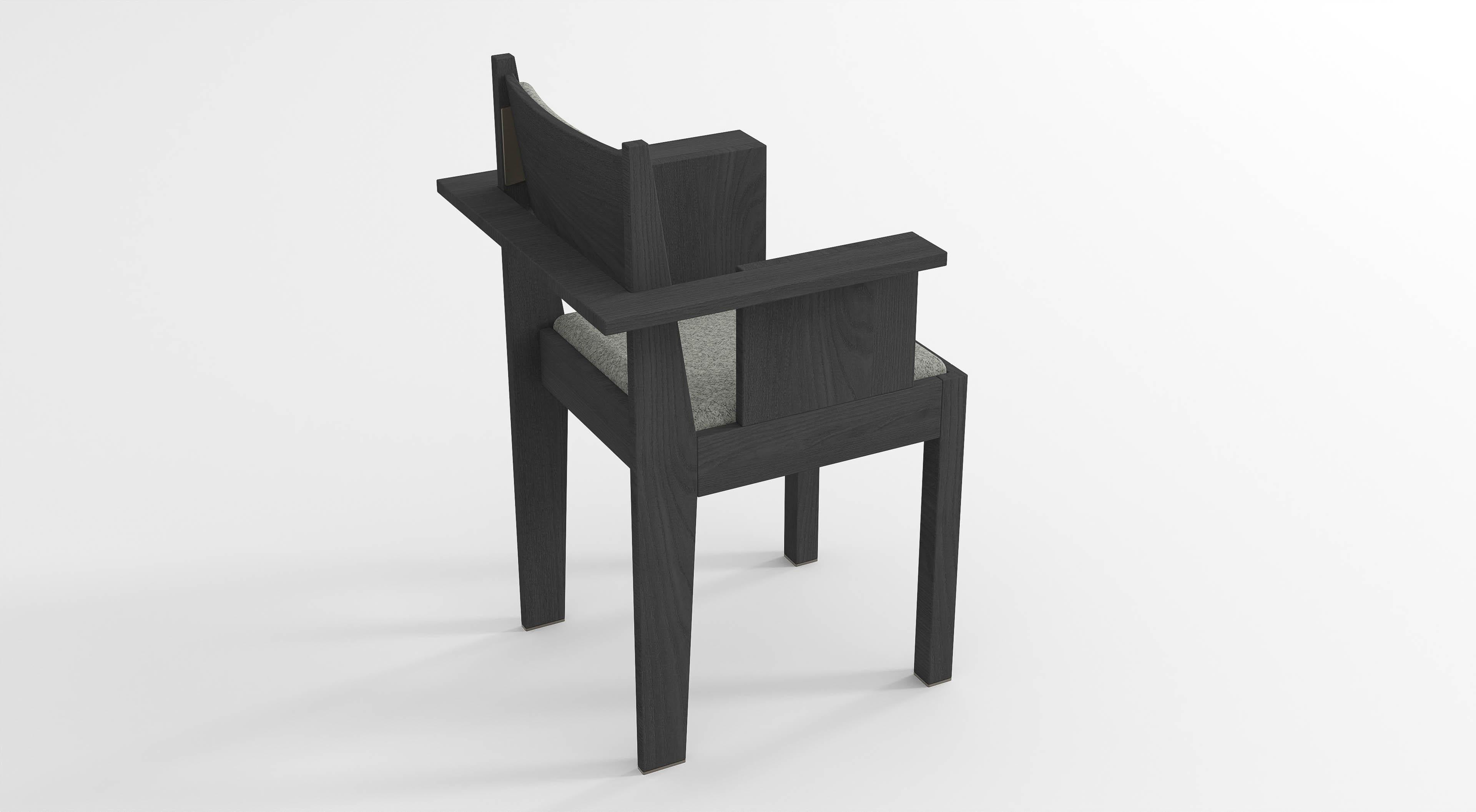 Lacquered Barh Armchair in Black Stained Ash Wood with Bronze Details and Gray Upholstery For Sale