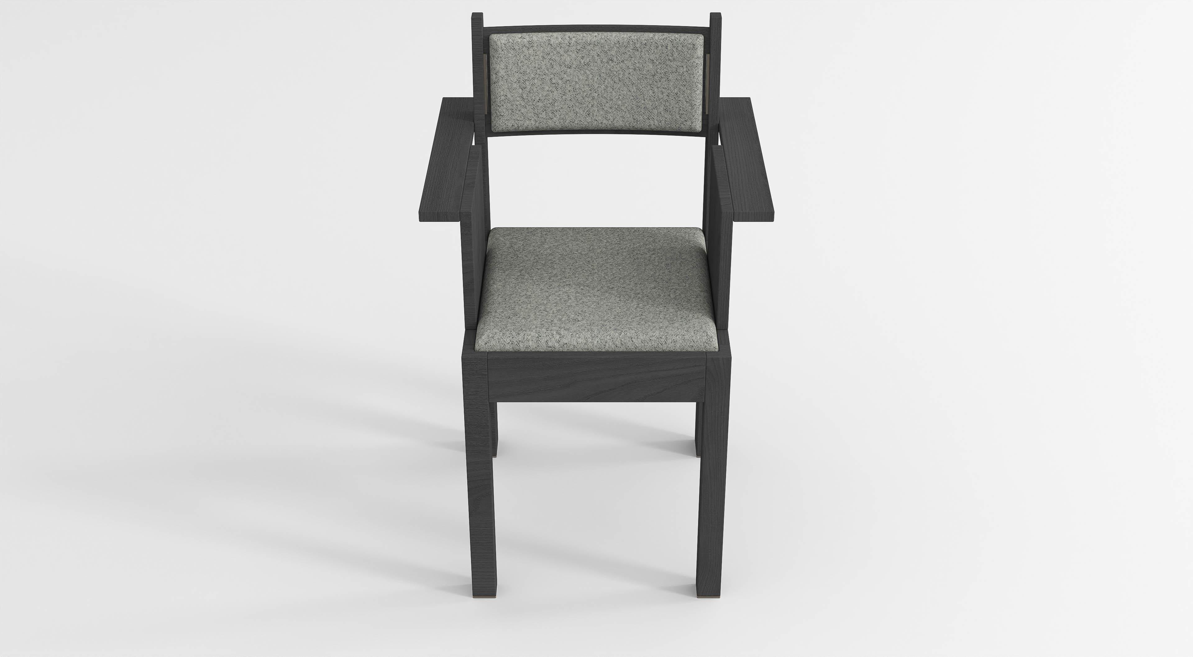 Contemporary Barh Armchair in Black Stained Ash Wood with Bronze Details and Gray Upholstery For Sale
