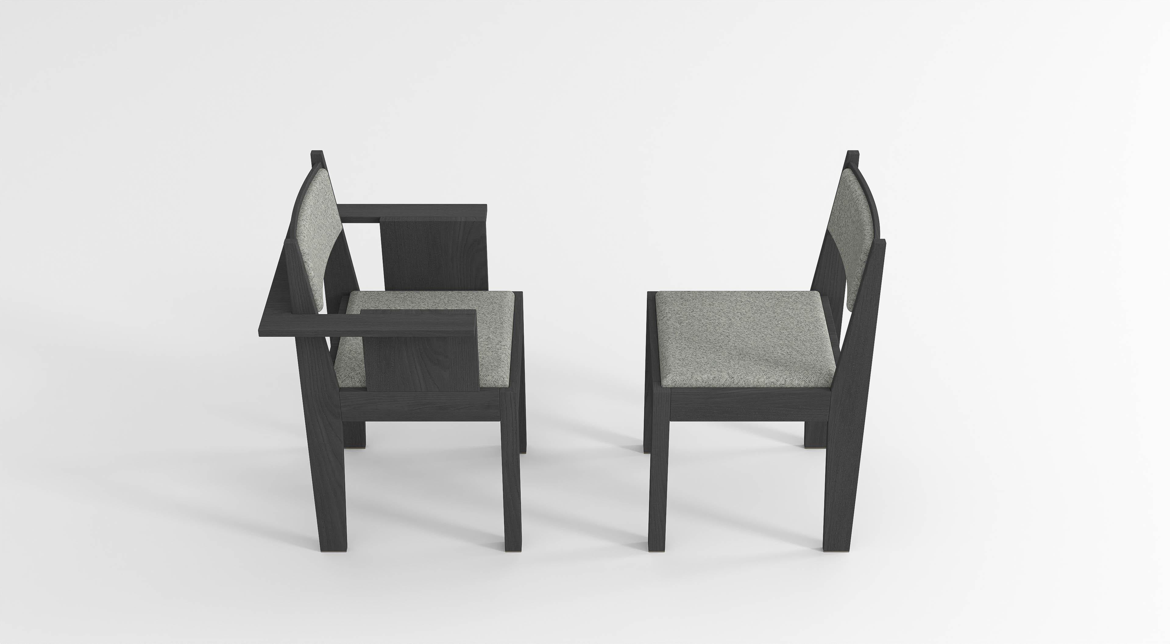Barh Armchair in Black Stained Ash Wood with Bronze Details and Gray Upholstery For Sale 1