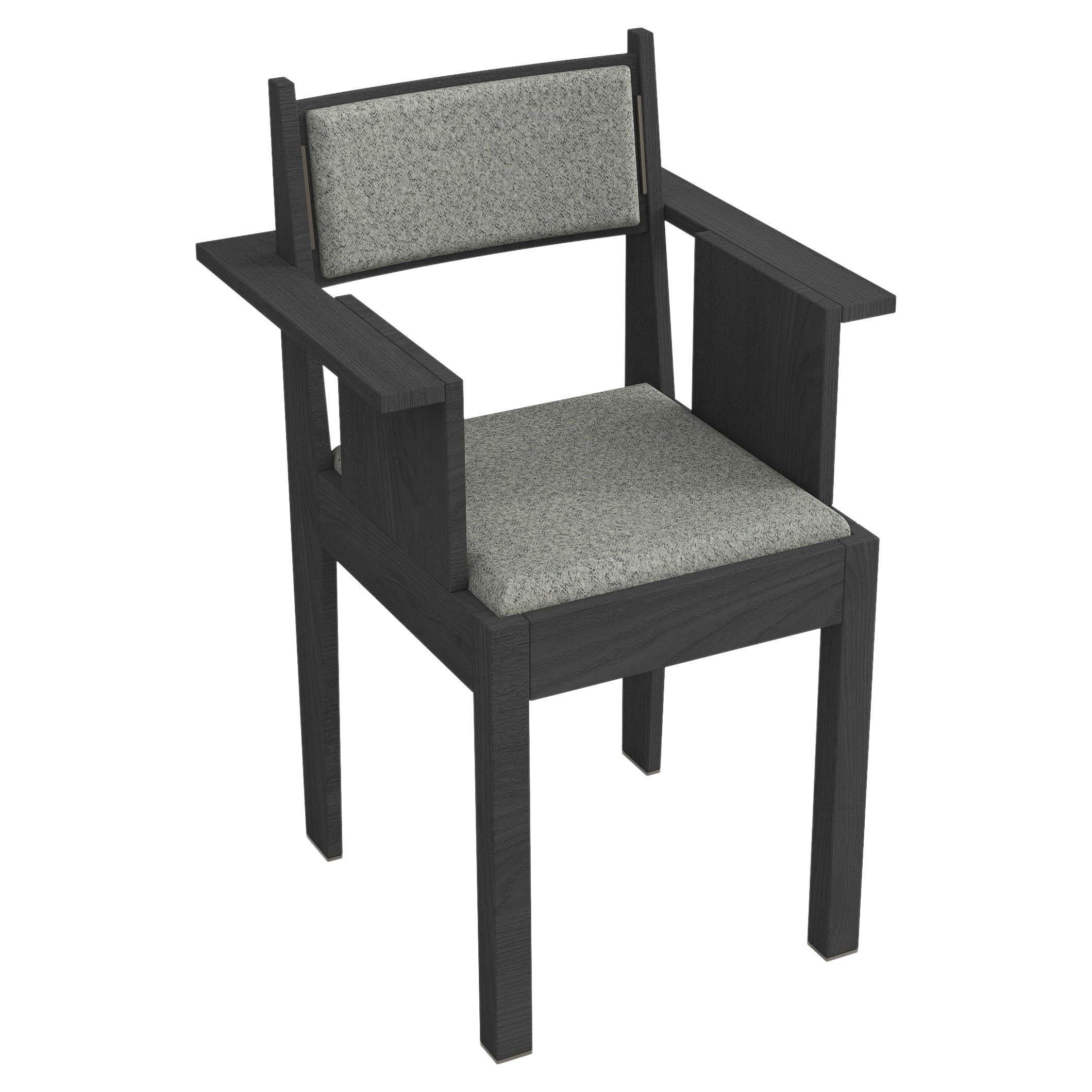 Barh Armchair in Black Stained Ash Wood with Bronze Details and Gray Upholstery For Sale