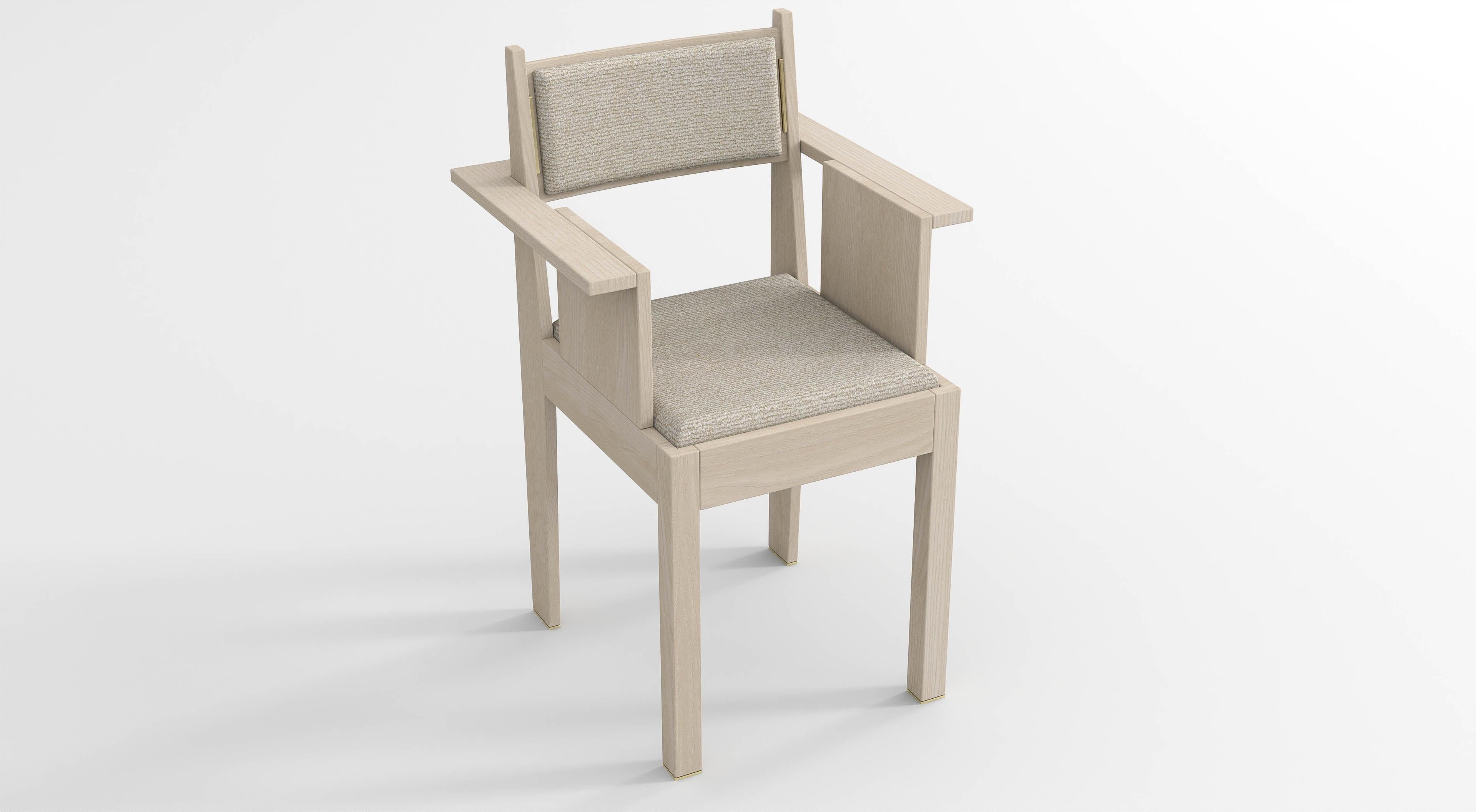 Belgian barh armchair in natural ash wood with brass details and beige upholstery For Sale