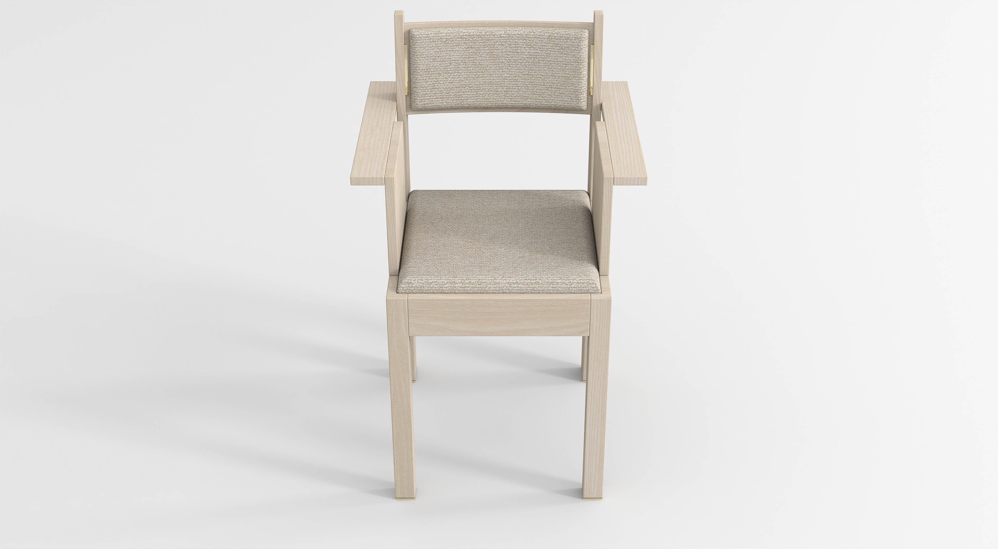 Contemporary barh armchair in natural ash wood with brass details and beige upholstery For Sale