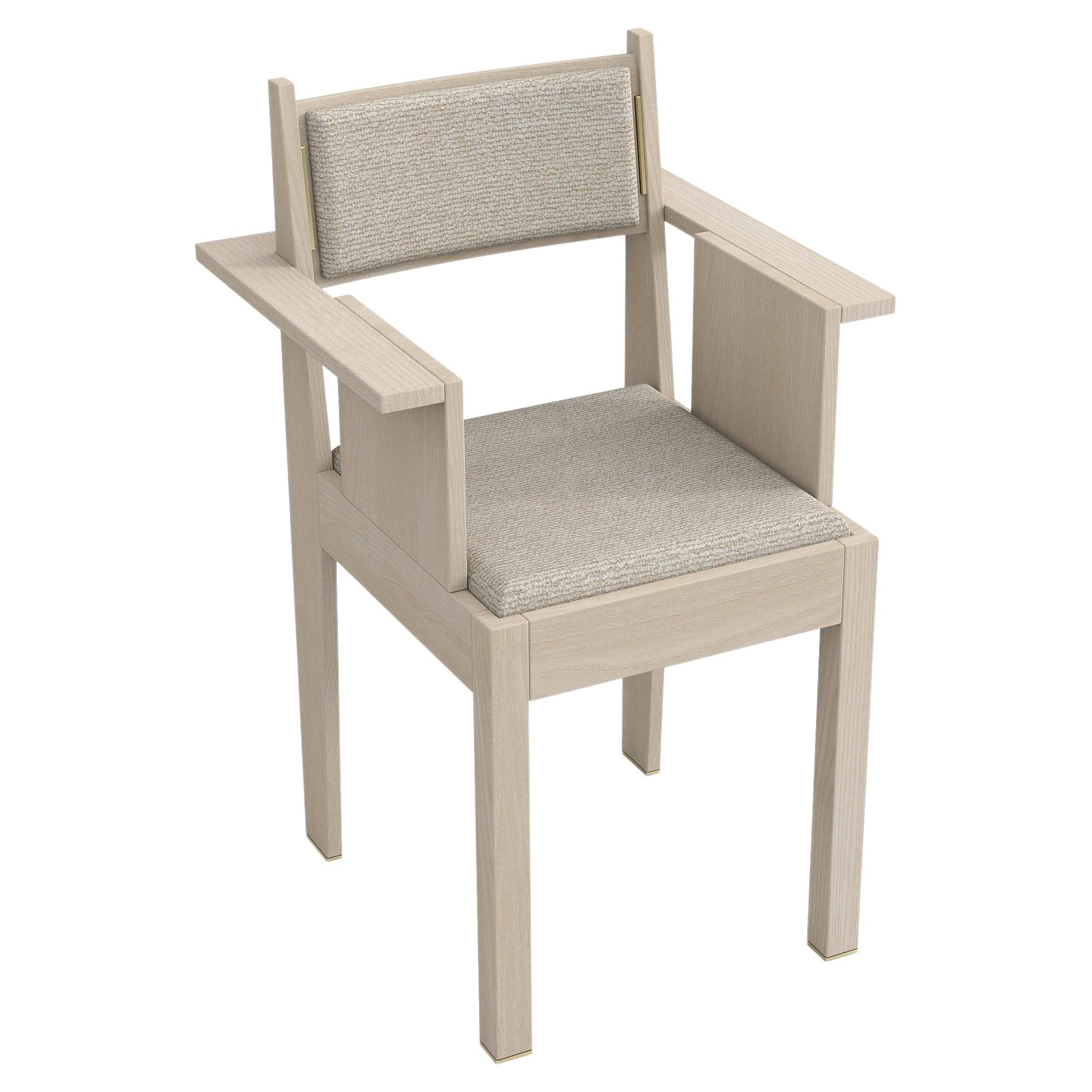 barh armchair in natural ash wood with brass details and beige upholstery For Sale