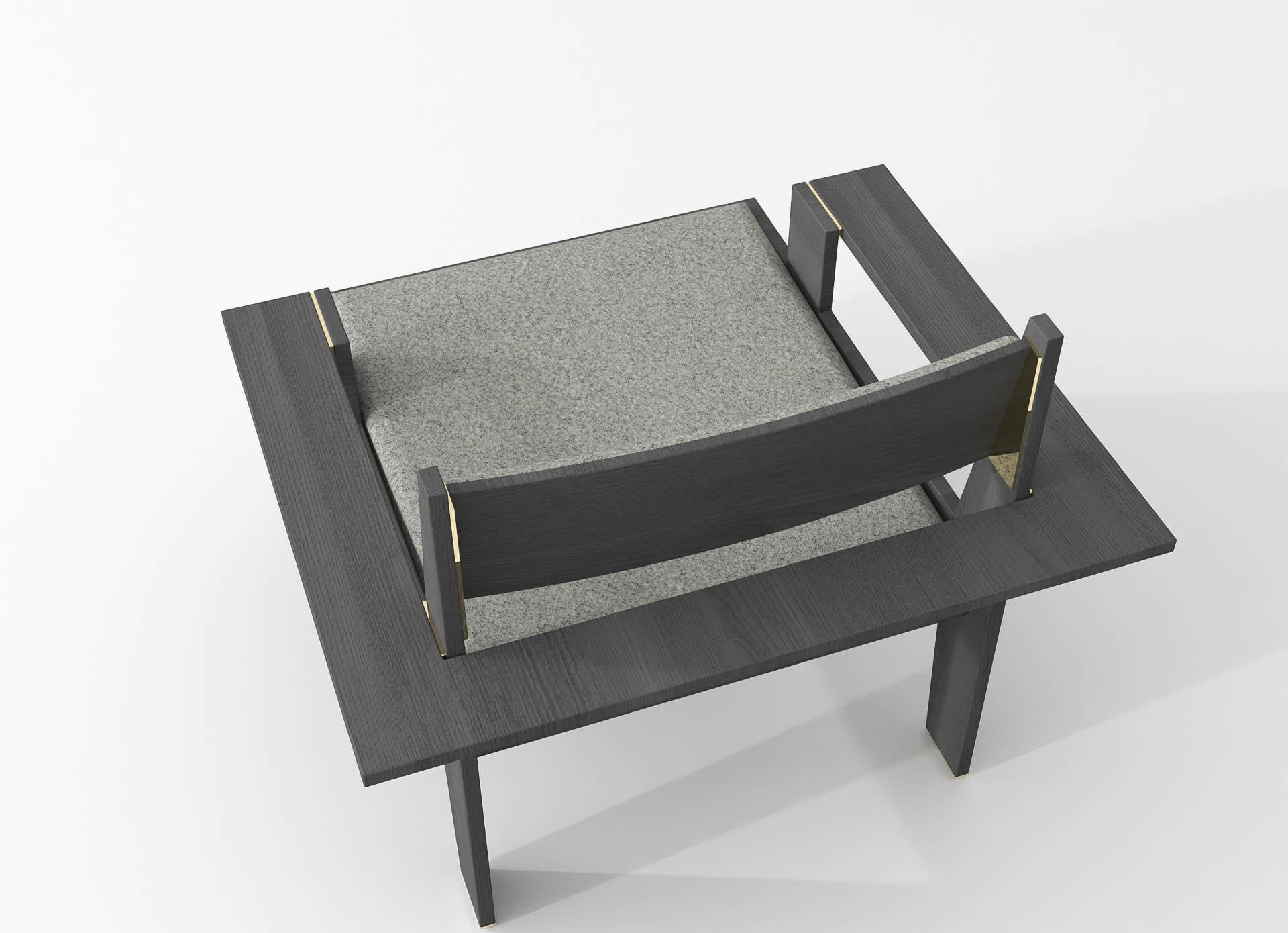 Metal Barh Lounge Chair in Black Stained Ash Wood with Brass Details & Gray Upholstery For Sale