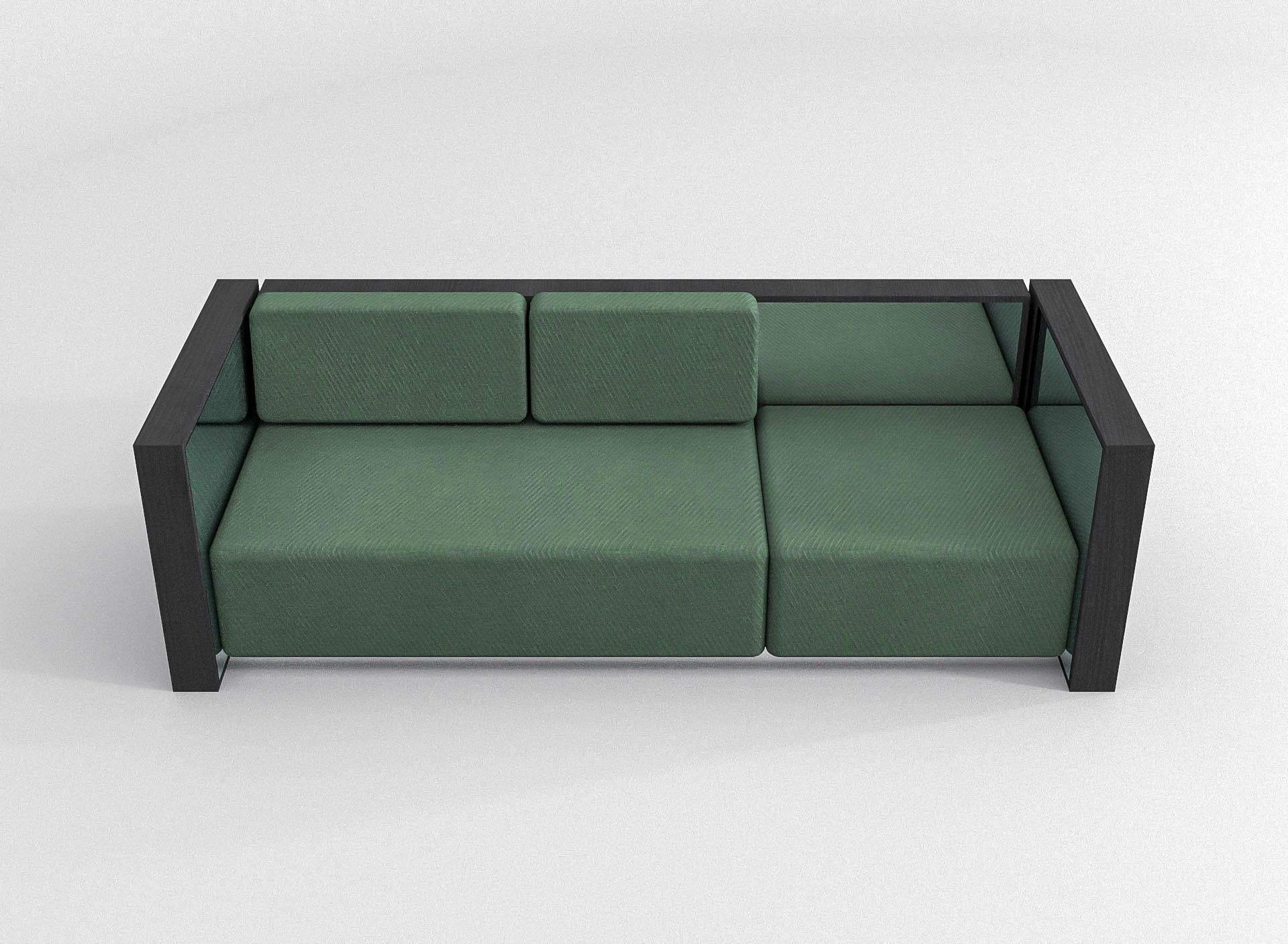 Art Deco Barh Sofa in Black Ash Wood, Polished Stainless Steel and Green Upholstery For Sale