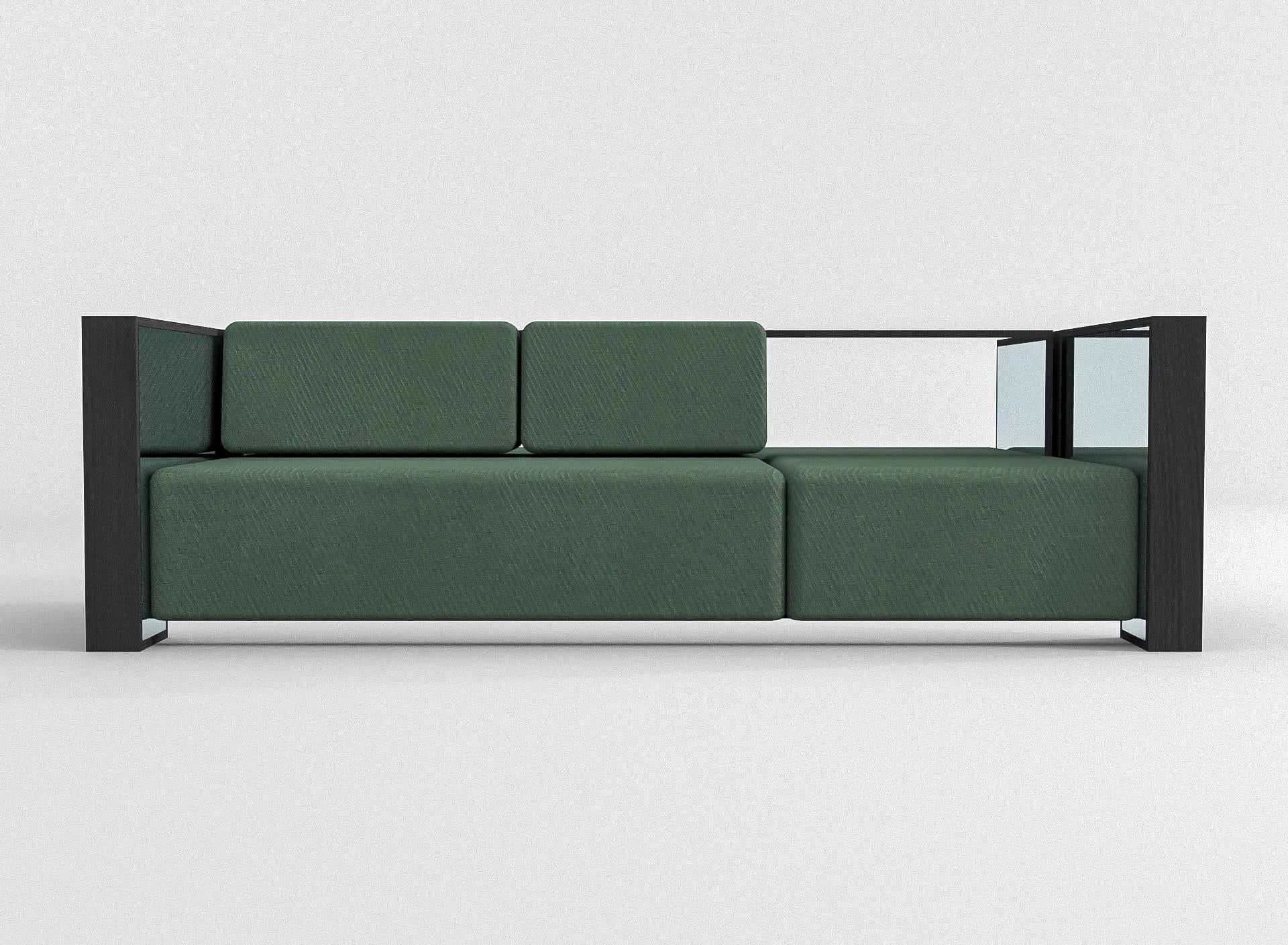Belgian Barh Sofa in Black Ash Wood, Polished Stainless Steel and Green Upholstery For Sale