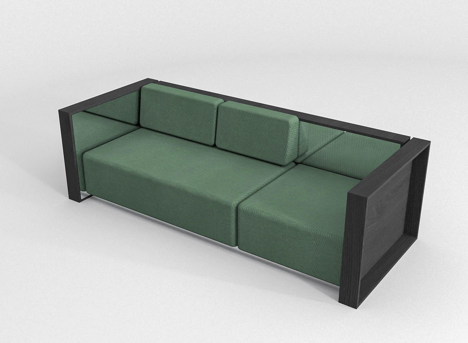 Lacquered Barh Sofa in Black Ash Wood, Polished Stainless Steel and Green Upholstery For Sale