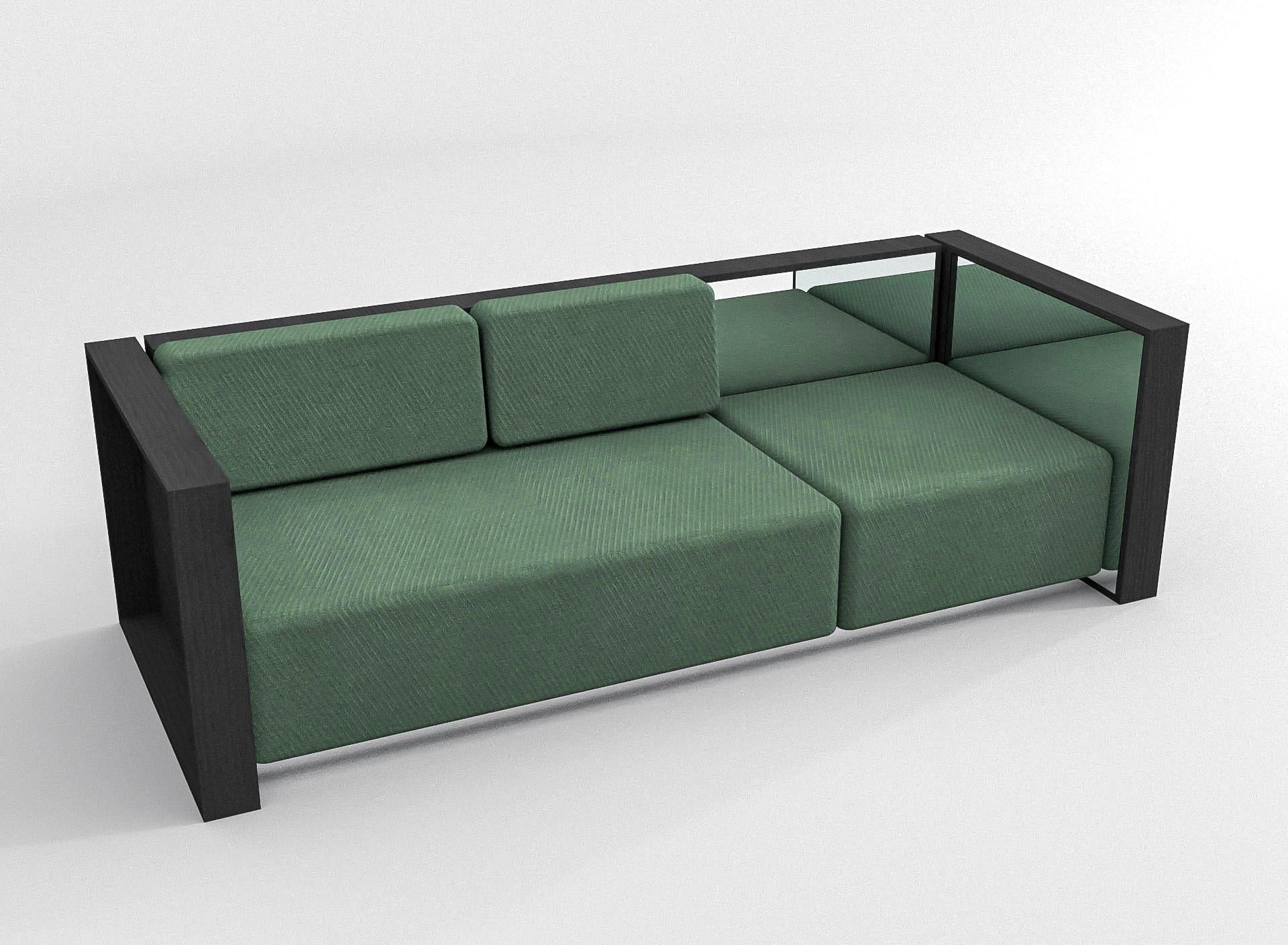Barh Sofa in Black Ash Wood, Polished Stainless Steel and Green Upholstery In New Condition For Sale In Antwerp, Antwerp