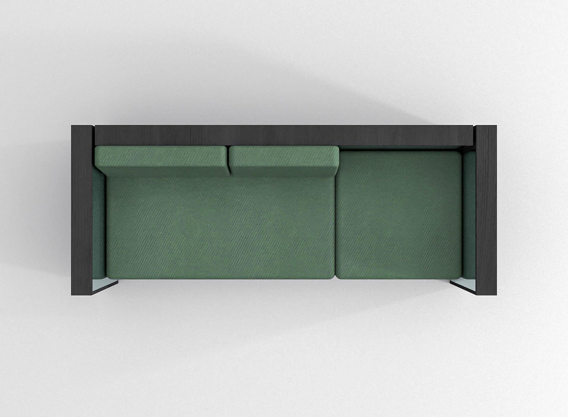 Contemporary Barh Sofa in Black Ash Wood, Polished Stainless Steel and Green Upholstery For Sale