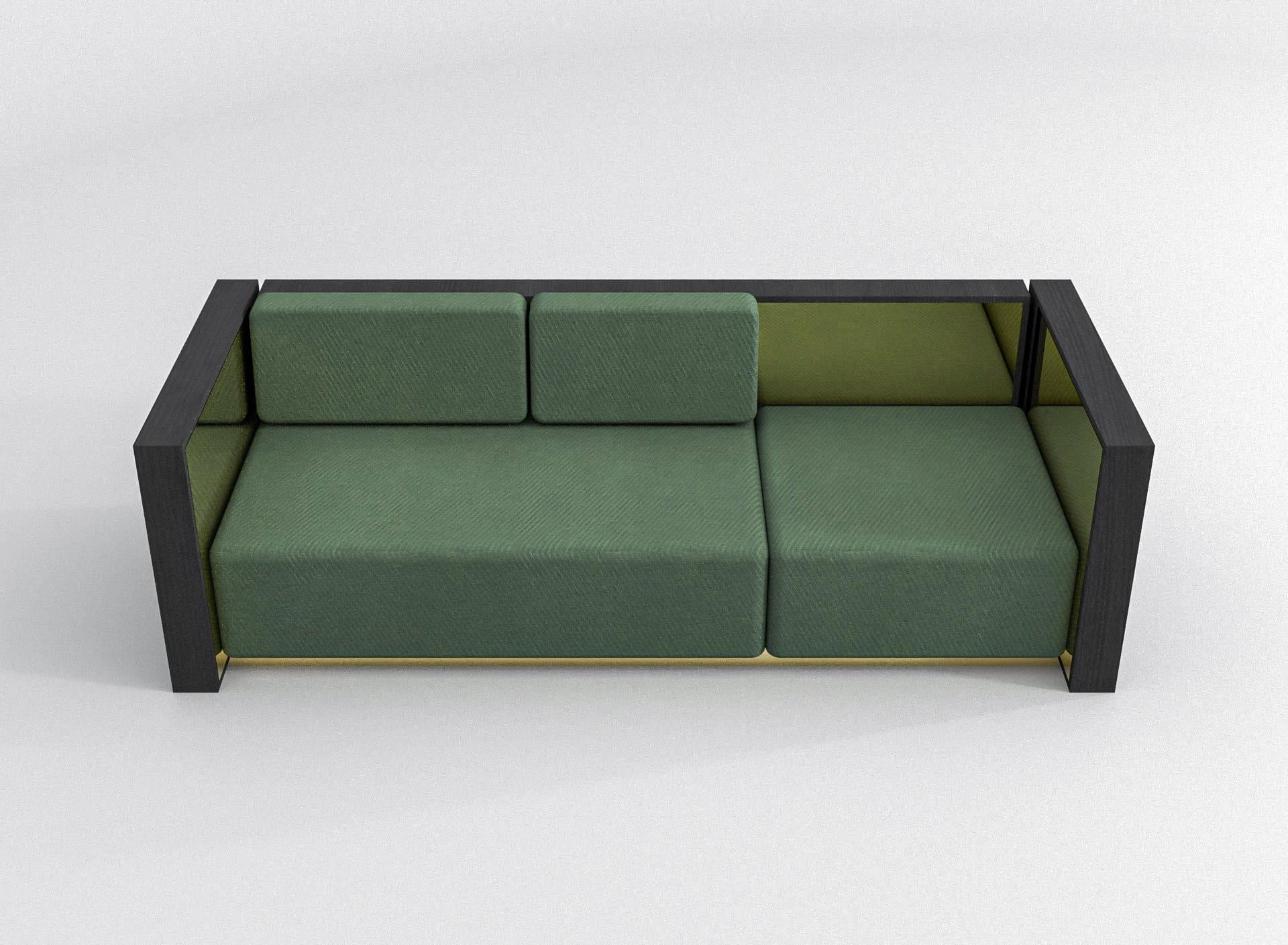 Art Deco Barh Sofa in Black Stained Ash Wood, Brass and Green Upholstery, 3 Seater For Sale