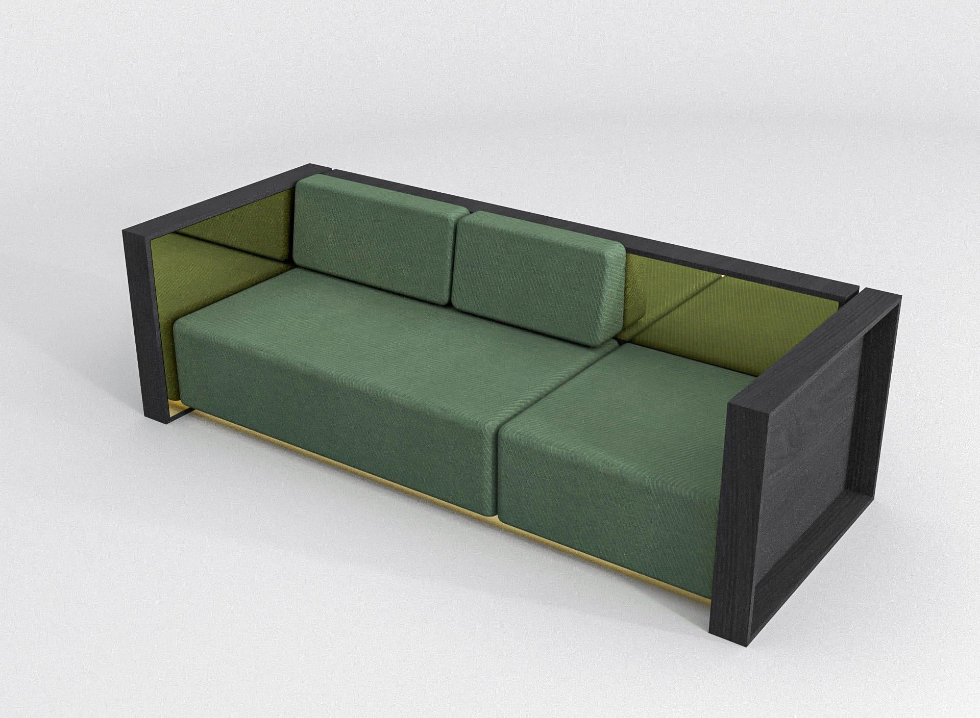Lacquered Barh Sofa in Black Stained Ash Wood, Brass and Green Upholstery, 3 Seater For Sale