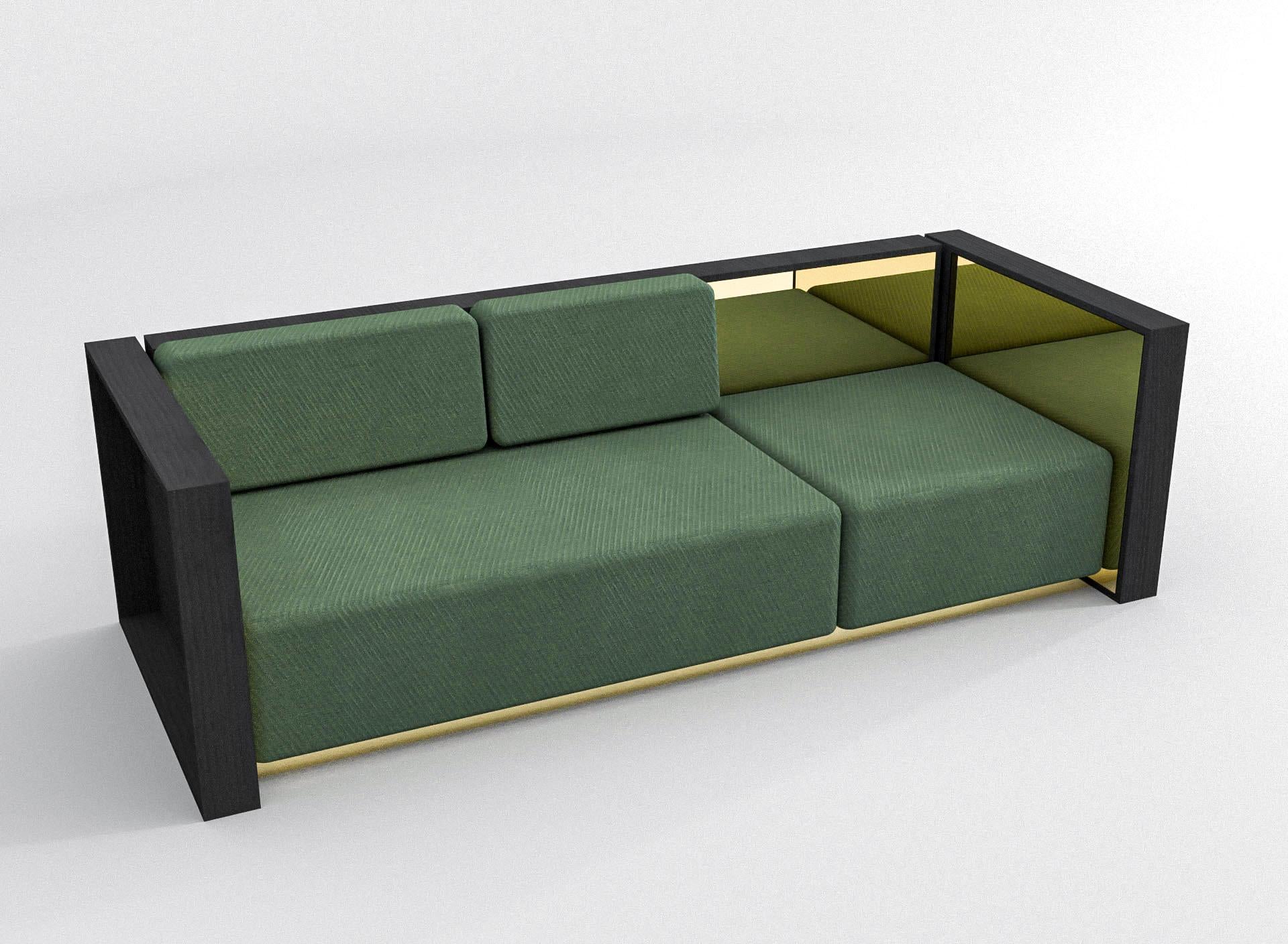 Barh Sofa in Black Stained Ash Wood, Brass and Green Upholstery, 3 Seater In New Condition For Sale In Antwerp, Antwerp