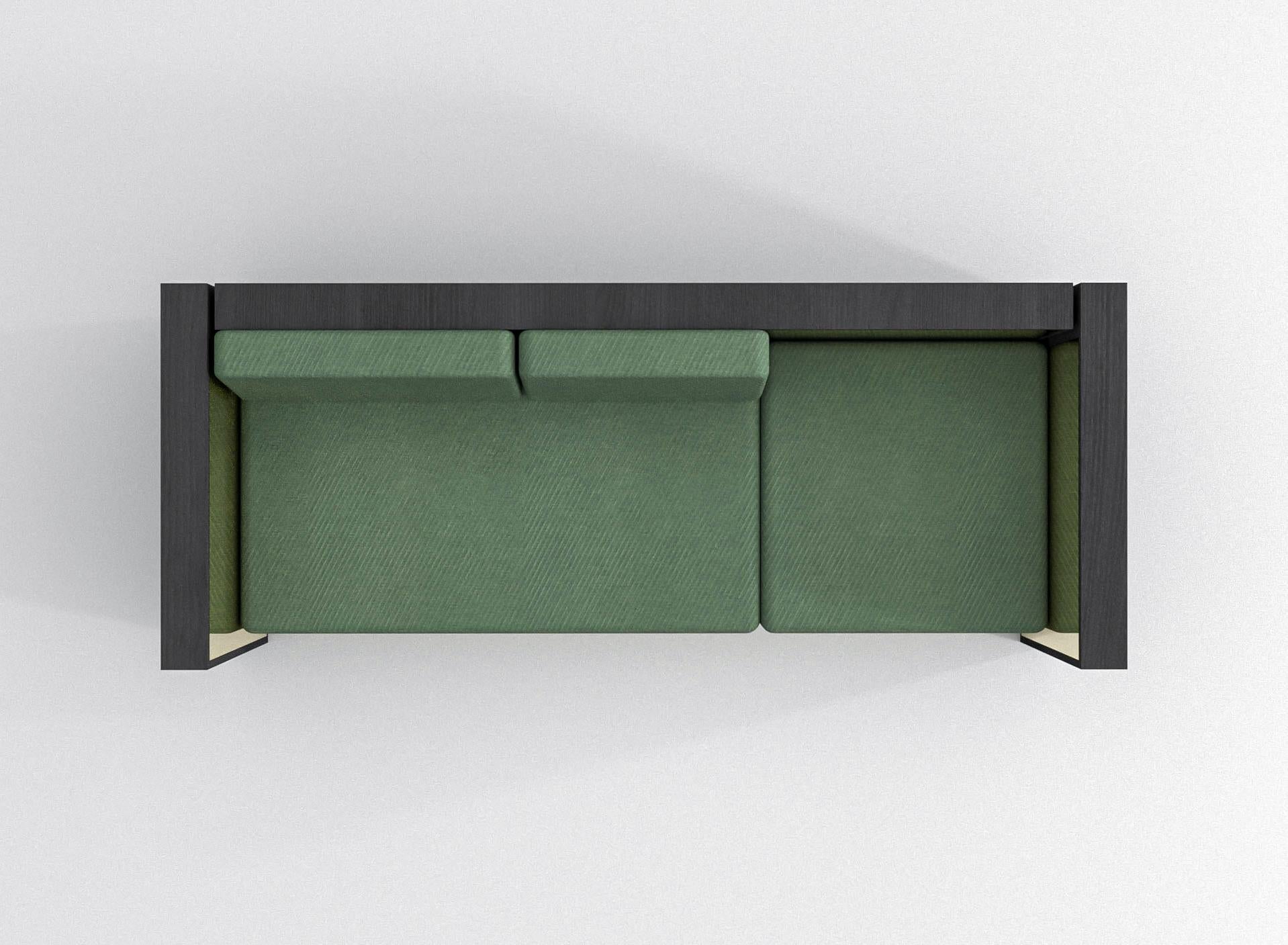 Contemporary Barh Sofa in Black Stained Ash Wood, Brass and Green Upholstery, 3 Seater For Sale