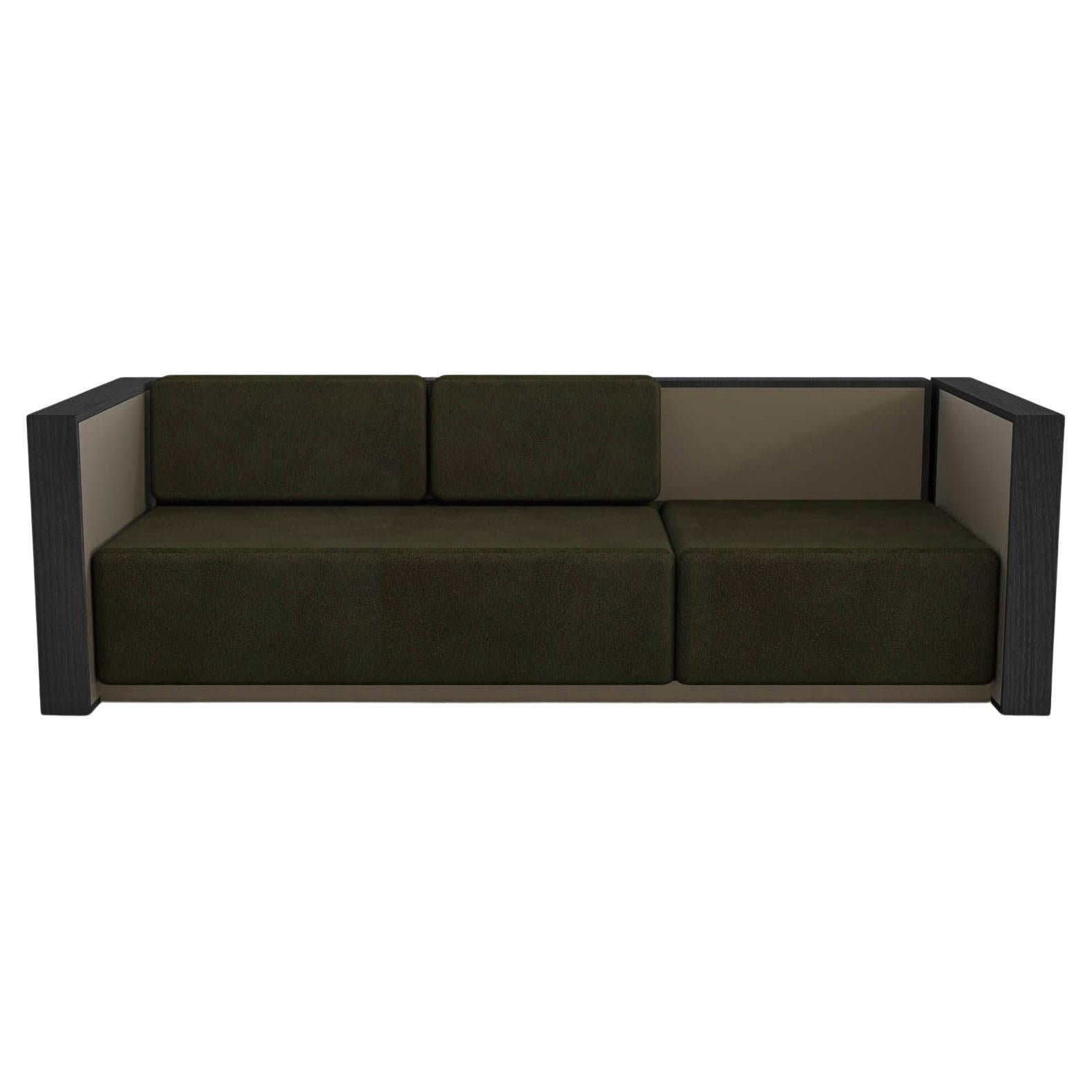 Barh Sofa in Black Stained Ash Wood, Bronze and Dark Green Leather Upholstery