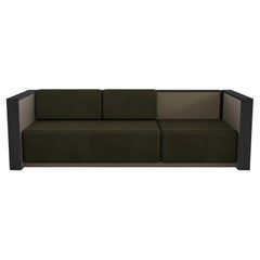 Barh Sofa in Black Stained Ash Wood, Bronze and Dark Green Leather Upholstery