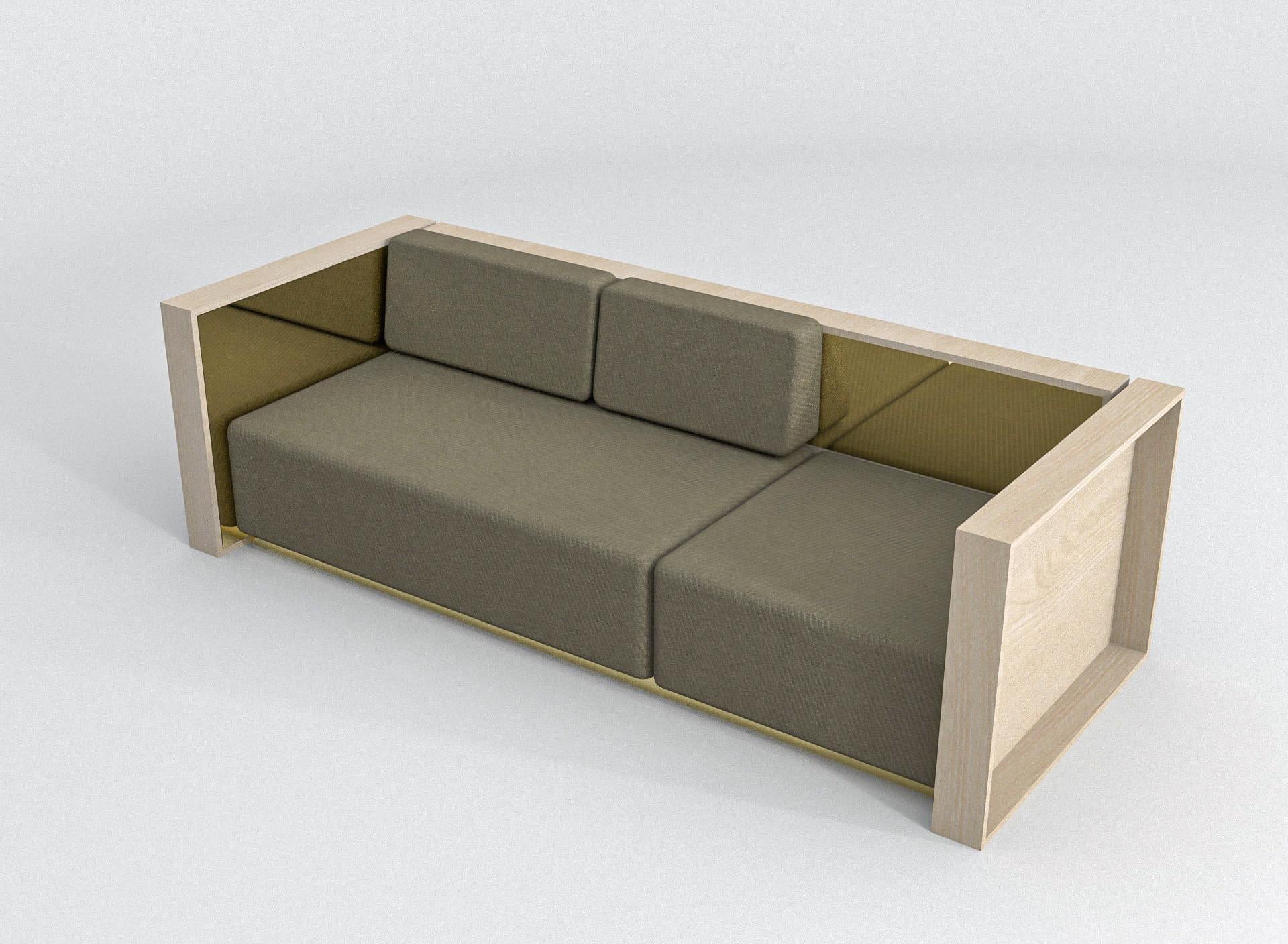 Lacquered barh sofa in natural ash wood, brass details and brown upholstery - 3 seater For Sale