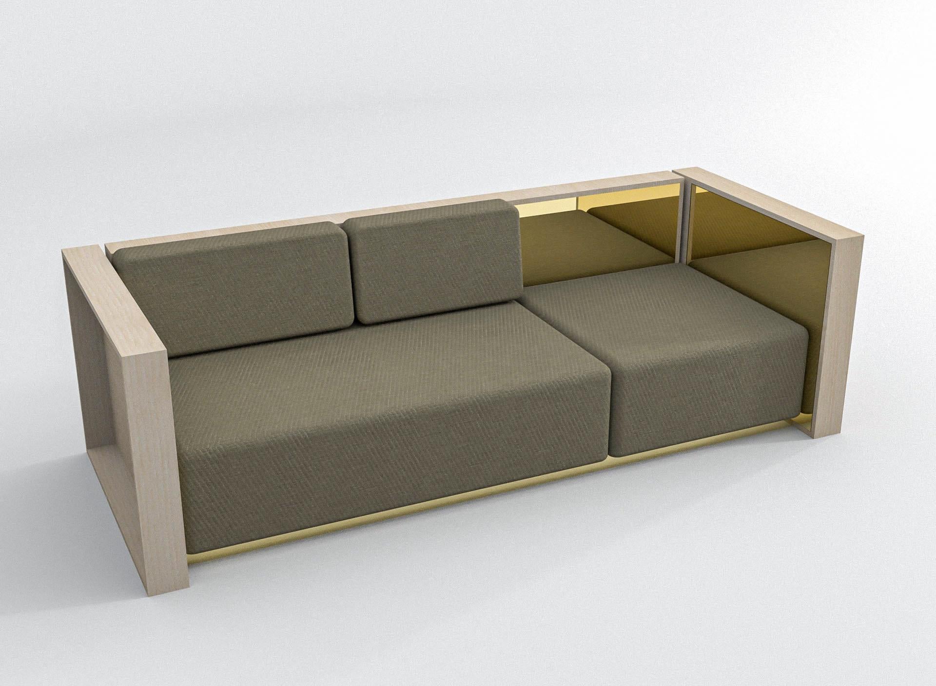 barh sofa in natural ash wood, brass details and brown upholstery - 3 seater In New Condition For Sale In Antwerp, Antwerp