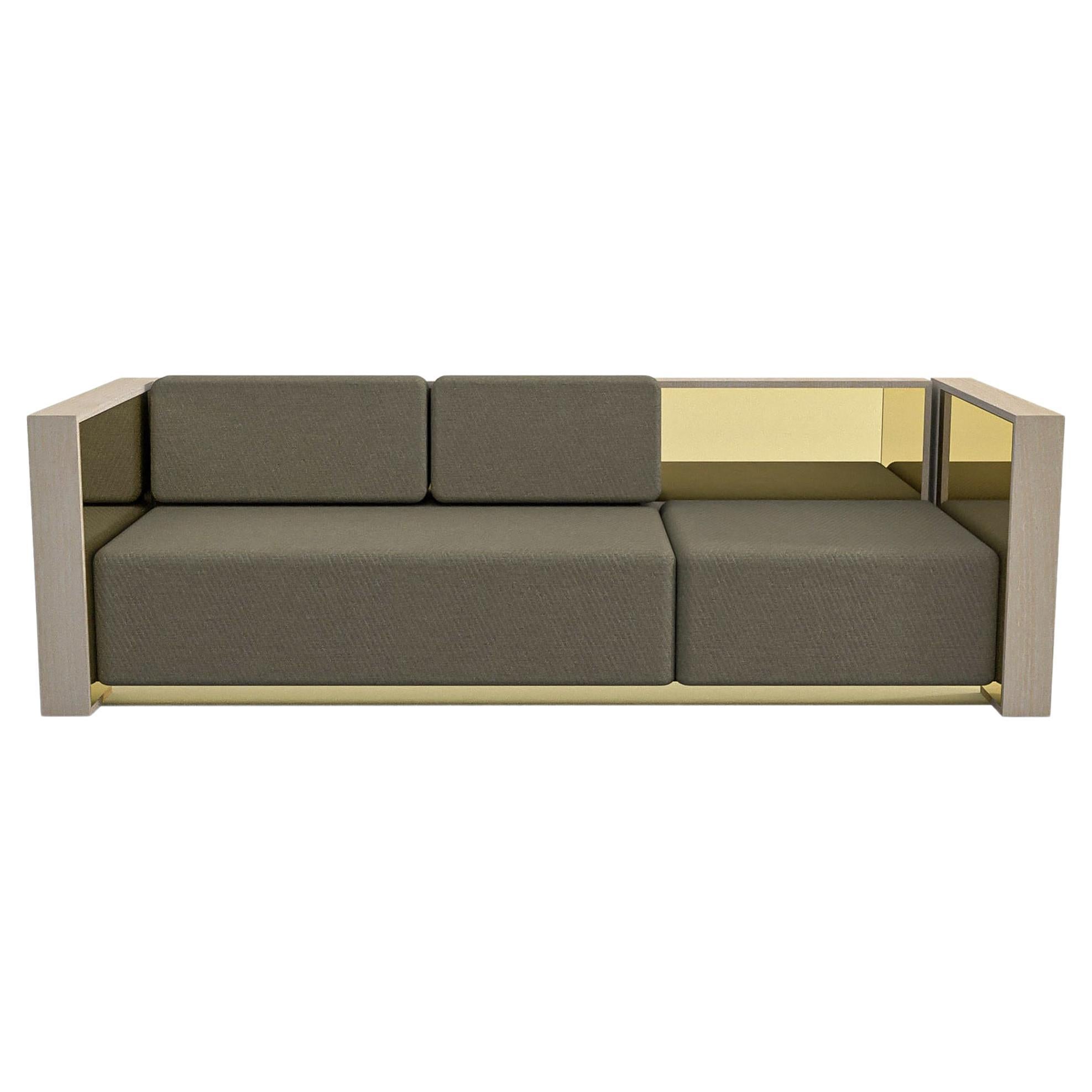 barh sofa in natural ash wood, brass details and brown upholstery - 3 seater For Sale