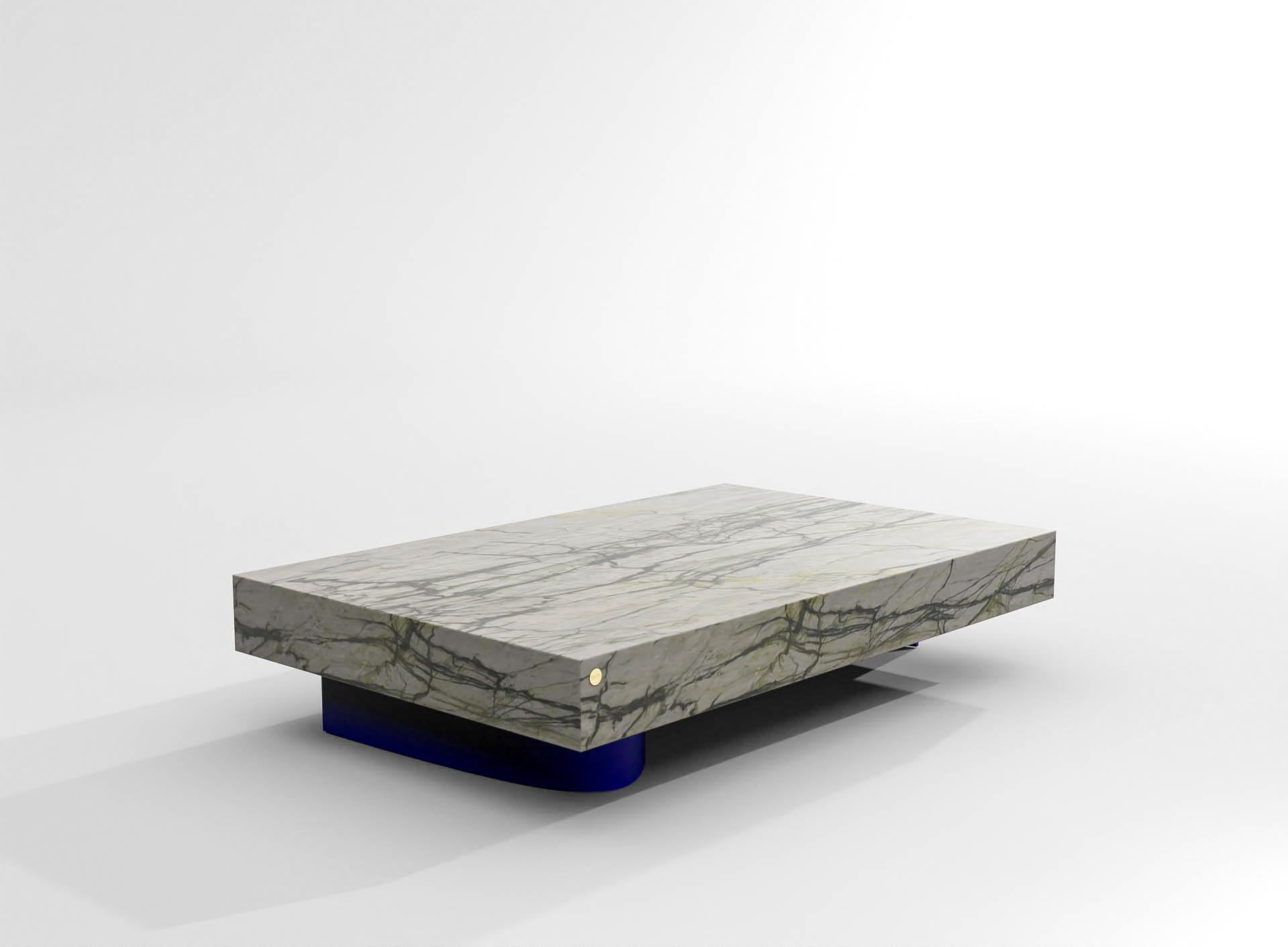 Other barh wave coffee table in Calacatta Verde marble and blue powdercoated steel For Sale