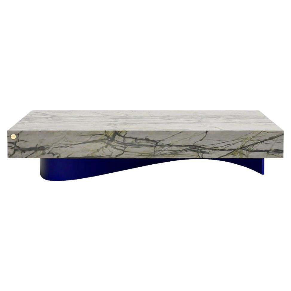 Table basse en forme de vague en marbre Calacatta Verde et acier poudré bleu