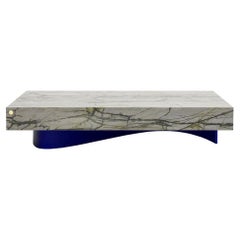 barh wave coffee table in Calacatta Verde marble and blue powdercoated steel