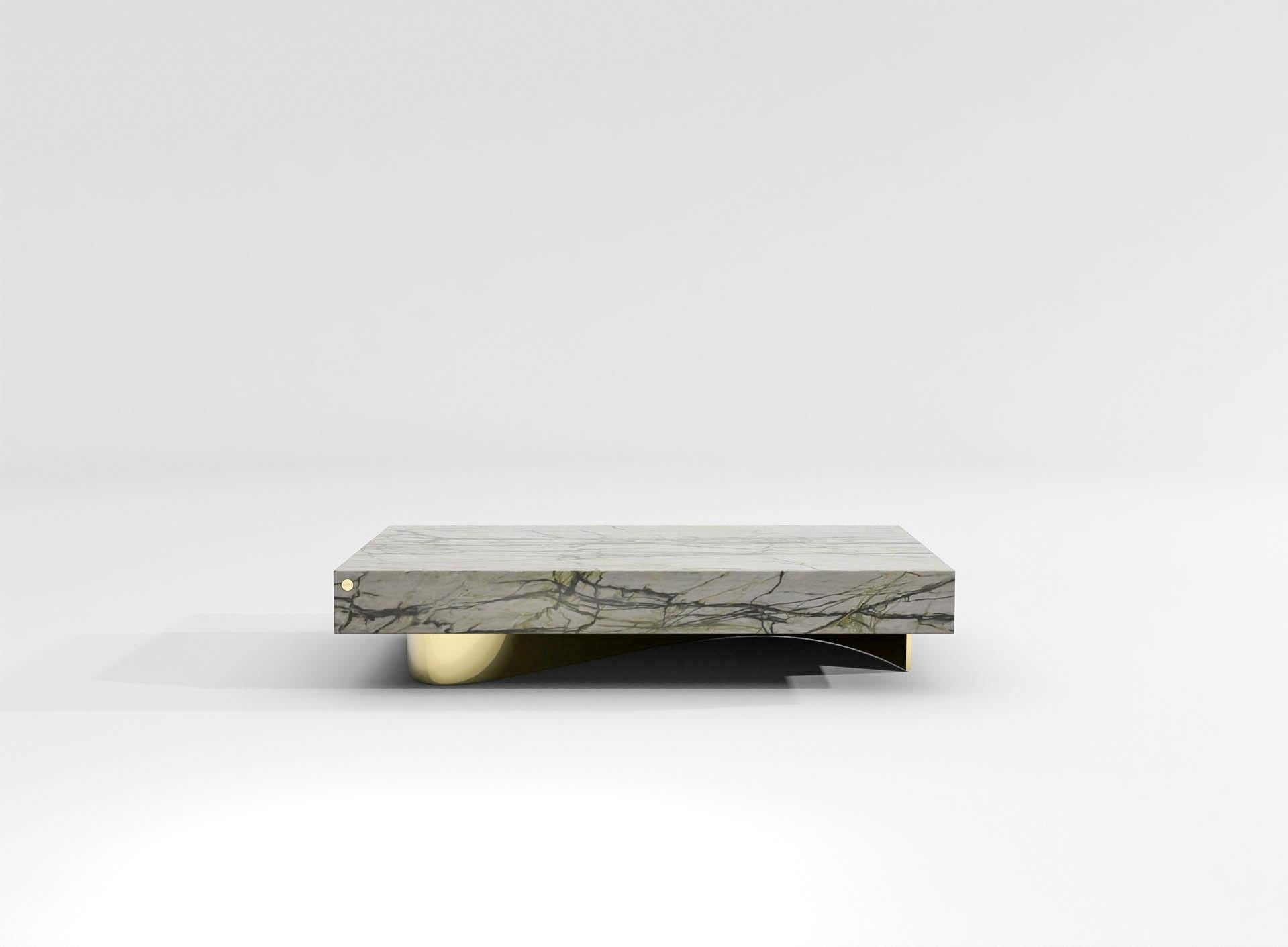 barh wave coffee table is designed with a very obvious design language. 
The concept of this collection is based on the contrasts between smooth vs. straight lines and fragile vs. sturdy volumes.
The metallic character of the wave base plays with