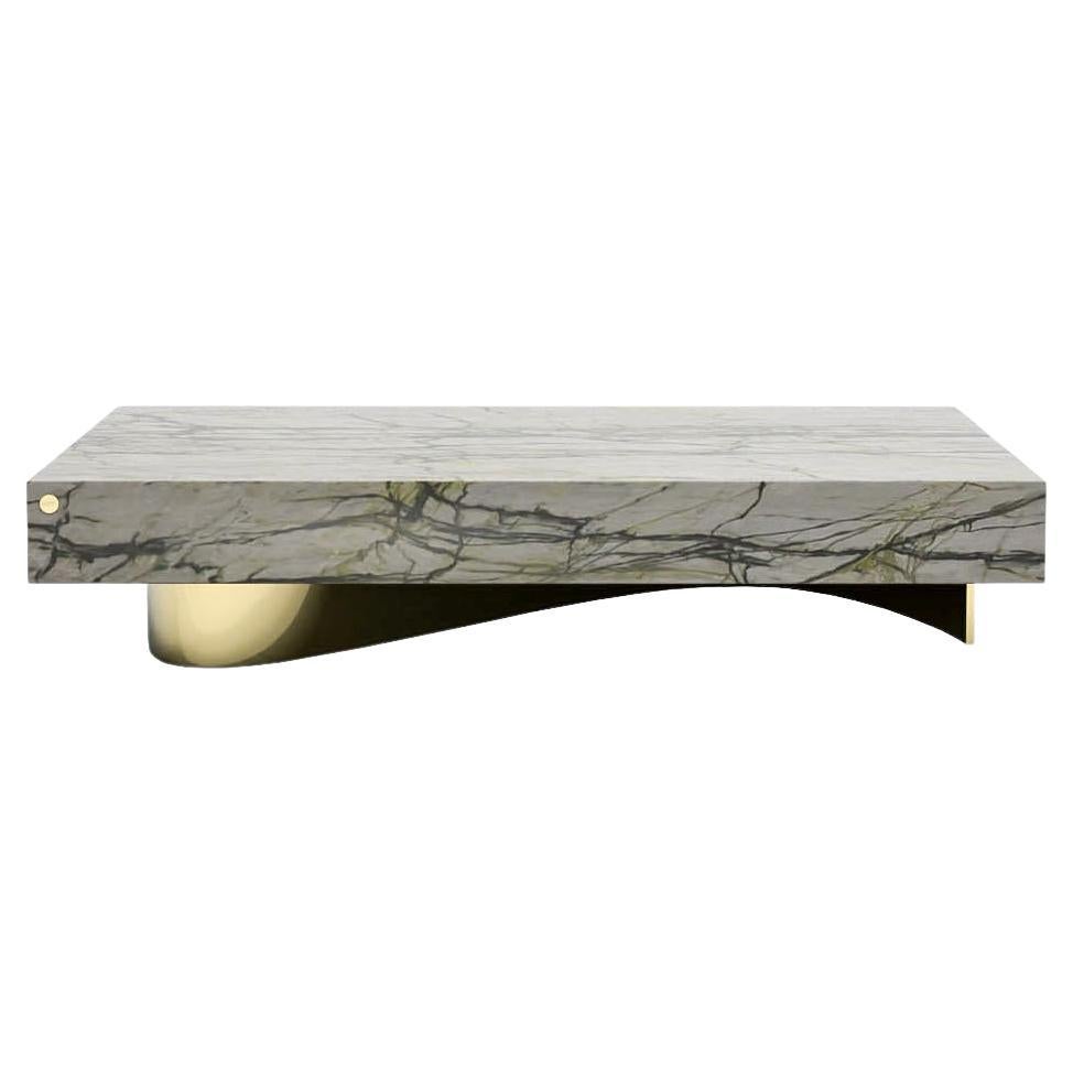 Barh Wave Contemporary Coffee Table in Calacatta Verde Marble and Brass
