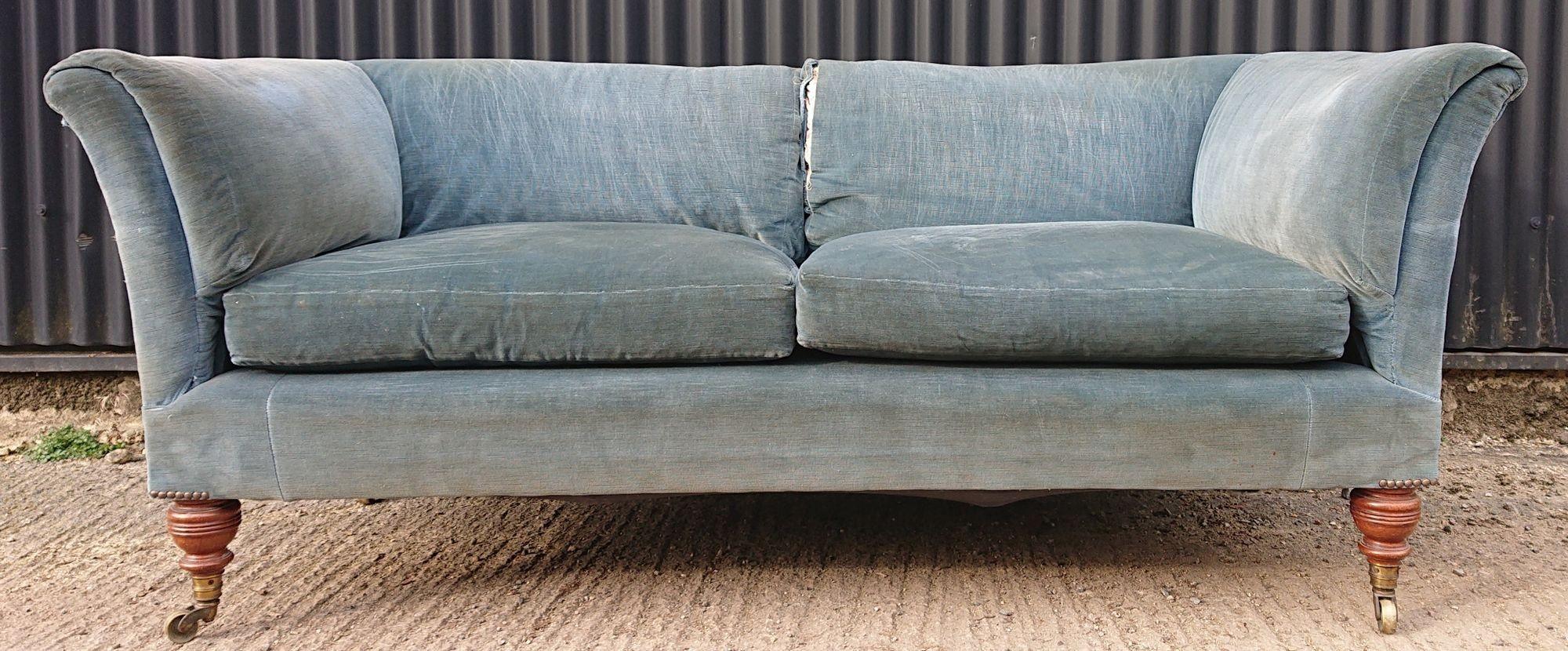 Howard and Sons Baring sofa, we have two available at the moment both on the distictive Howard turned leg which are almost a pair. These are very comfortable sofas with the usual down feather cushions over sprung horsehair.
 
English circa