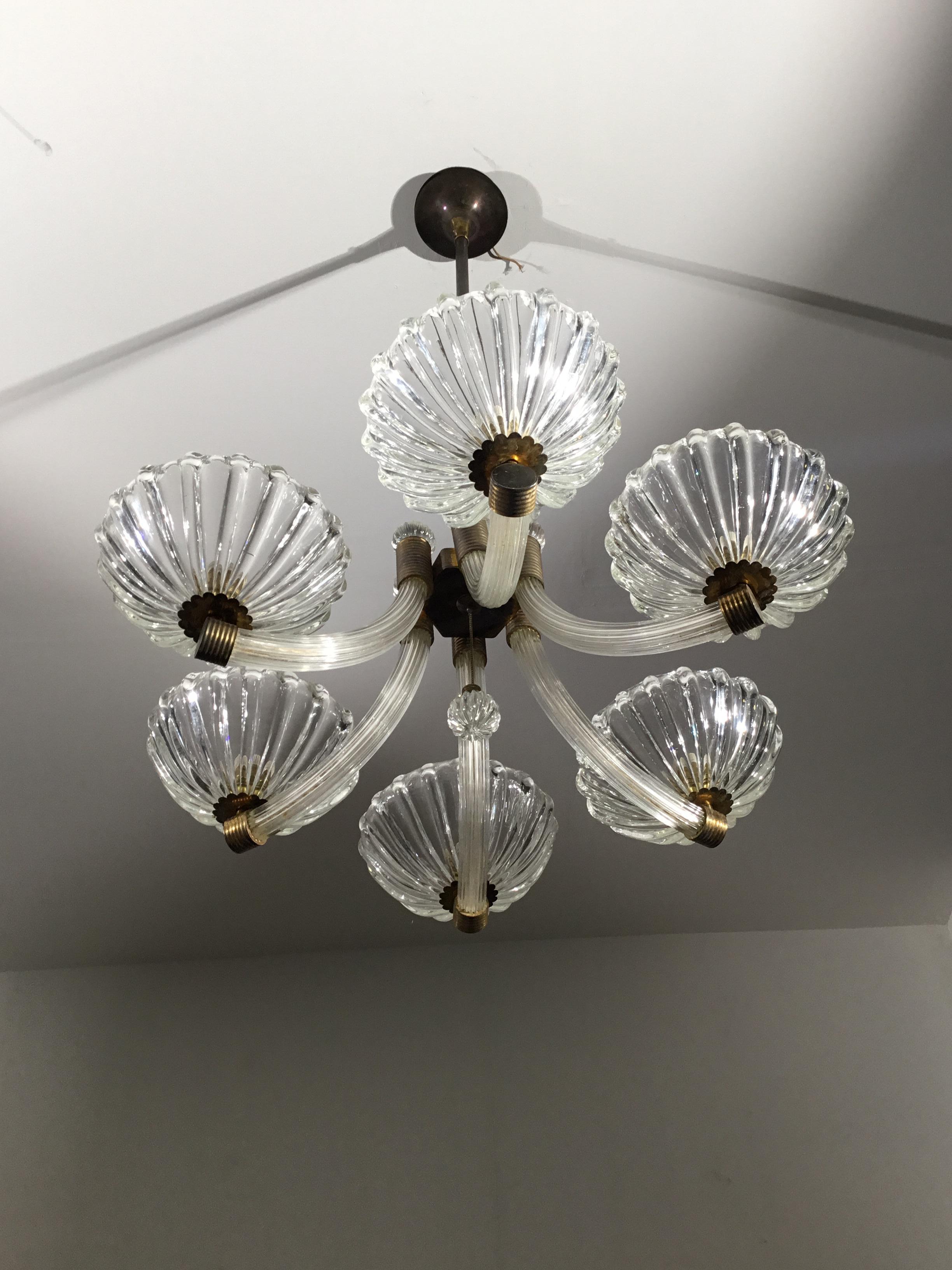 Barovier & Toso, Lampada a sospensione a sei braccia, anni '50 In condizioni buone in vendita a Rivoli, IT