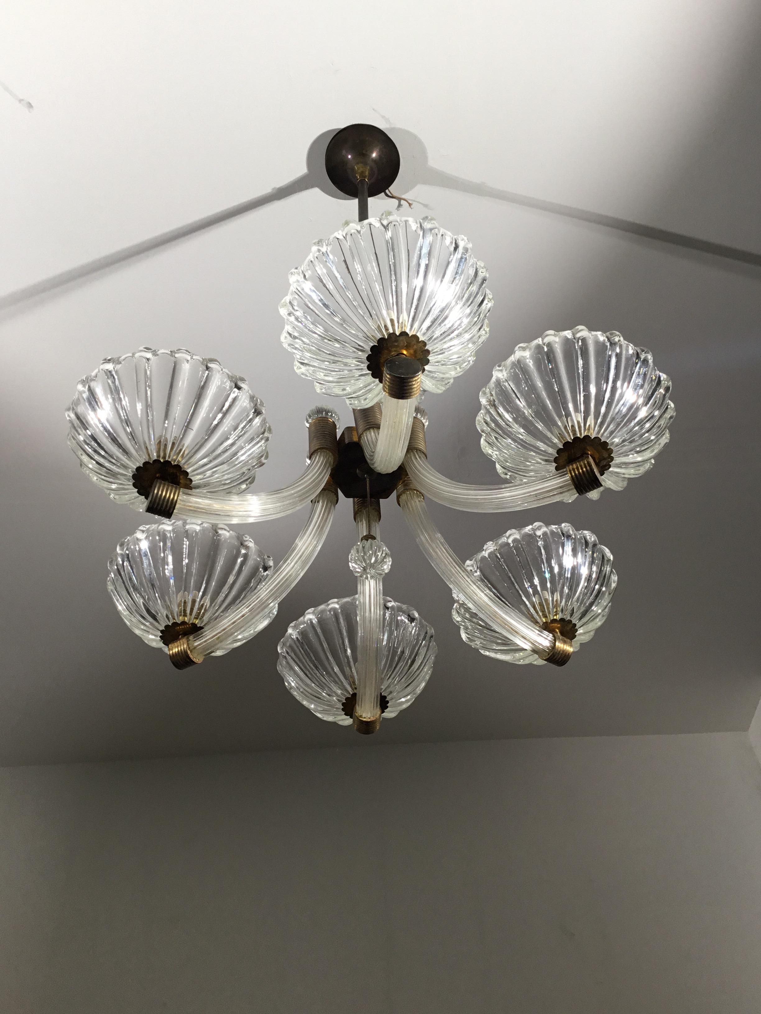 Metà XX secolo Barovier & Toso, Lampada a sospensione a sei braccia, anni '50 in vendita