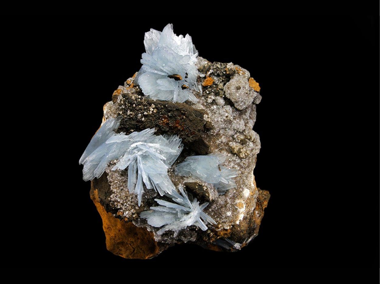 From Jebel Ouichane, Beni Bou Ifrour, Nador, Nador Province, Oriental Region, Morocco

Here is a superb cluster of these incredible new blue Barites that have been discovered this past year. The crystal growth is in a radial parallel and divergent