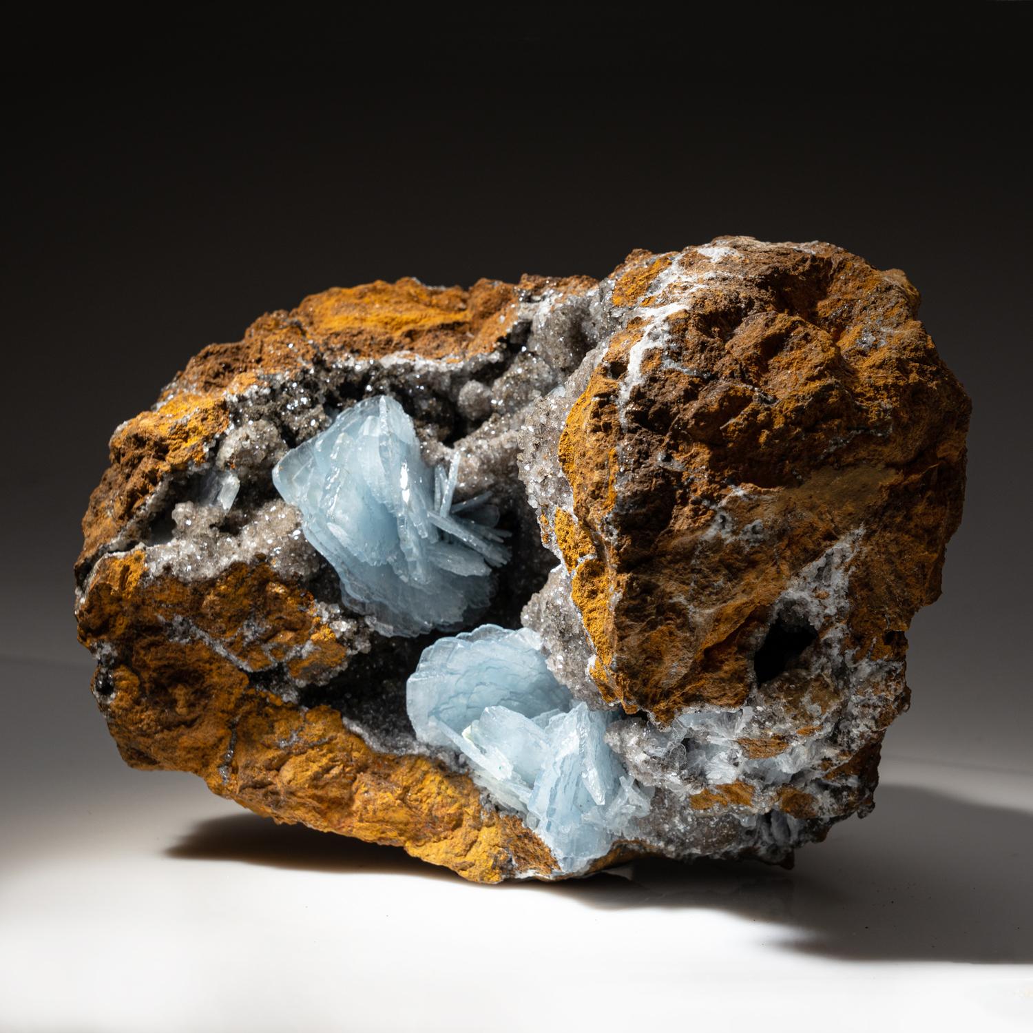 From Jebel Ouichane, Sagangane, Nador Province, L'Oriental Region, Morocco.

Here is a superb cluster of these incredible new blue Barites that have been discovered this past year. The crystal growth is in a radial parallel and divergent aggregates