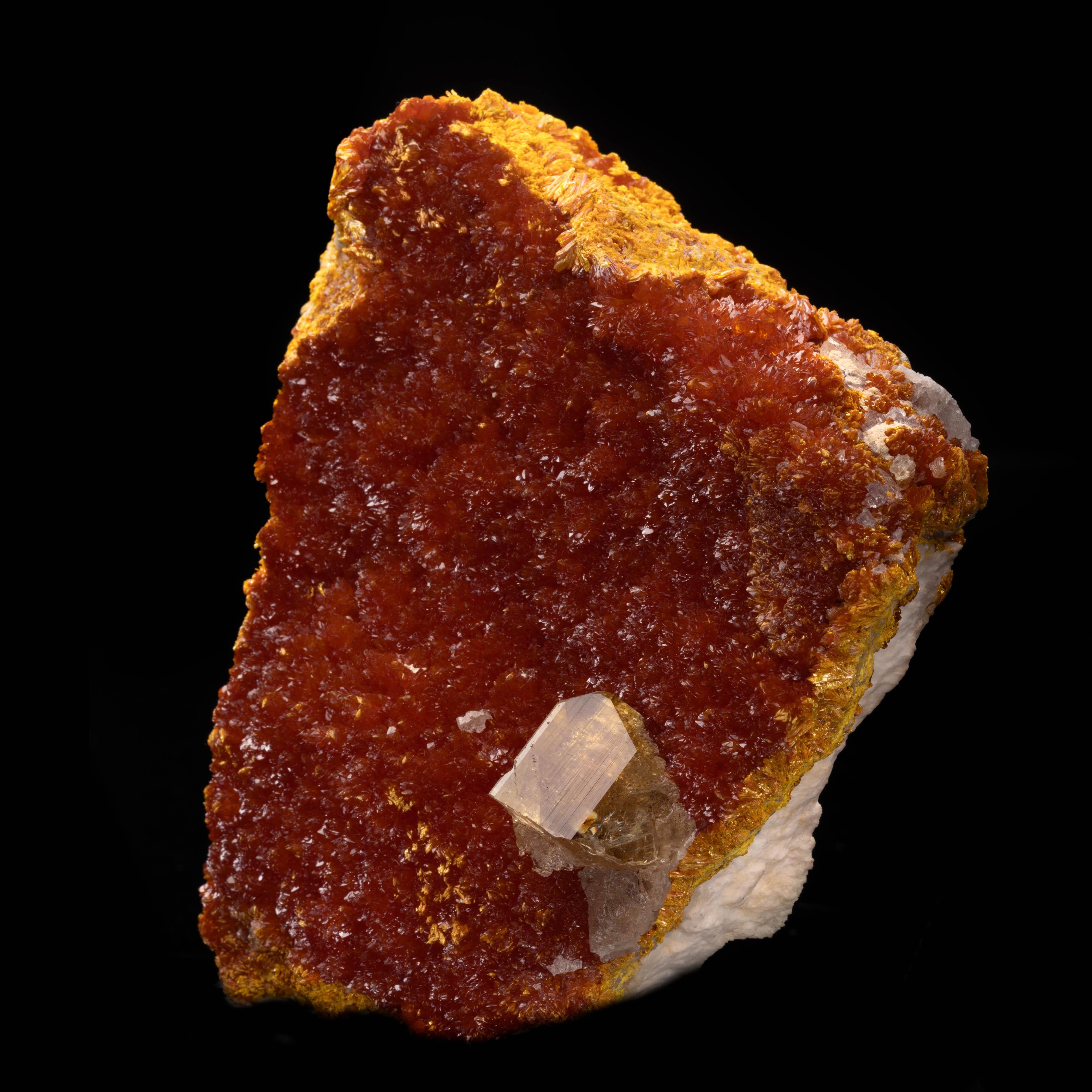 El'brusskiy mine, Elbrus Mt, Kabardino-Balkarian Republic, Northern Caucasus Region, Russia

This large, stunningly rich orange orpiment specimen with contrasting yellow around the edges comes on a 4