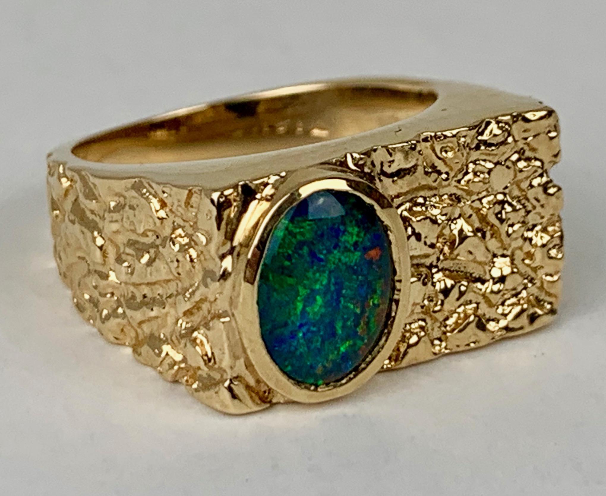 Contemporary  Bark Finish  Vintage Ring with a Doublet Opal set in 14k Yellow Gold-1970's