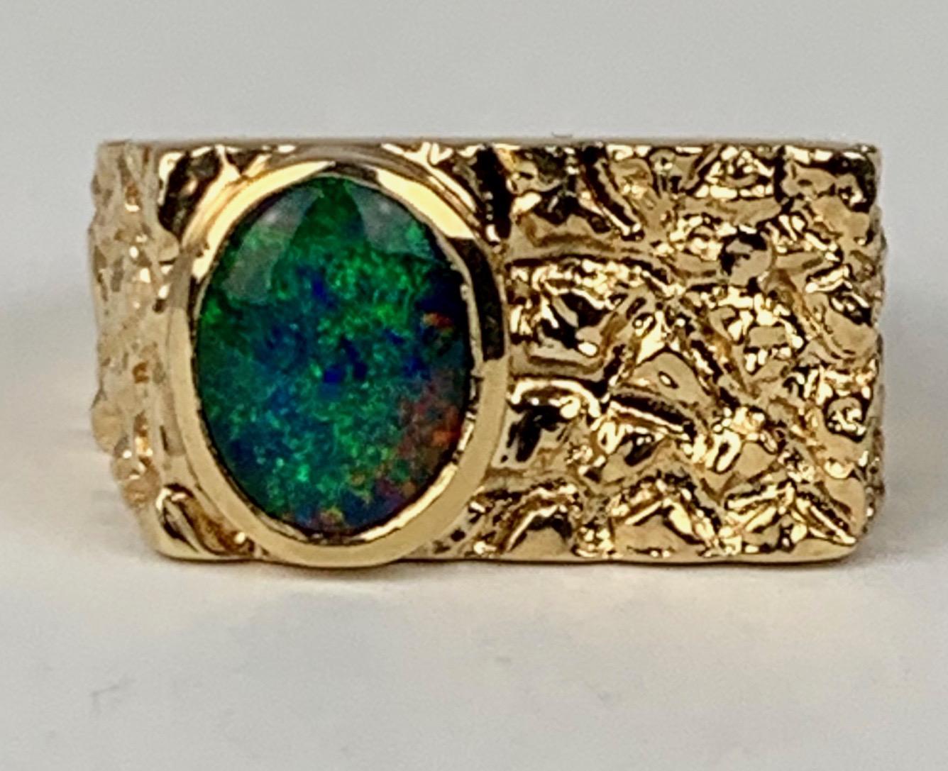 Oval Cut  Bark Finish  Vintage Ring with a Doublet Opal set in 14k Yellow Gold-1970's