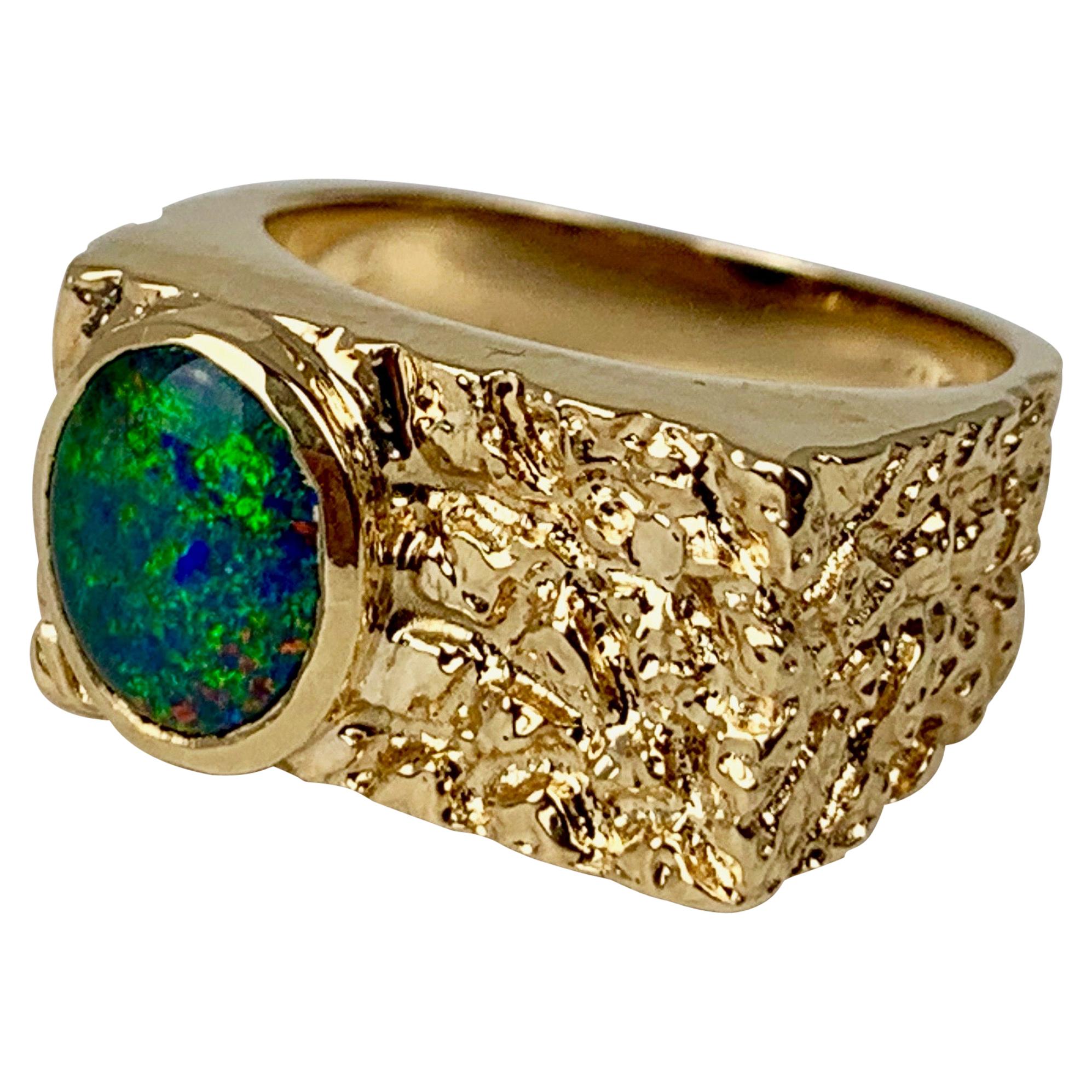  Bark Finish  Vintage Ring with a Doublet Opal set in 14k Yellow Gold-1970's