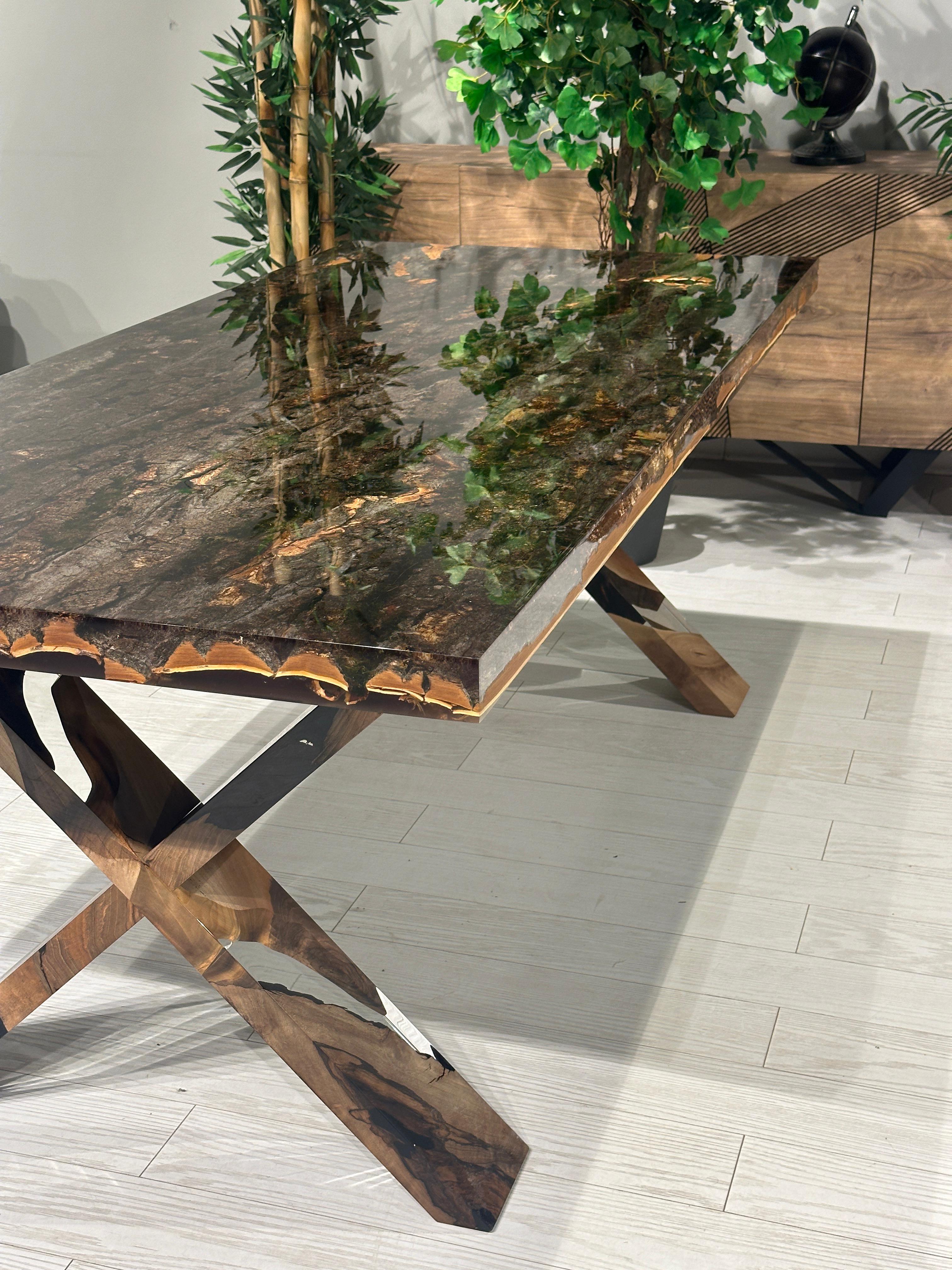 Bark & Moss Ultra Clear Epoxy Resin Dining Table For Sale 3