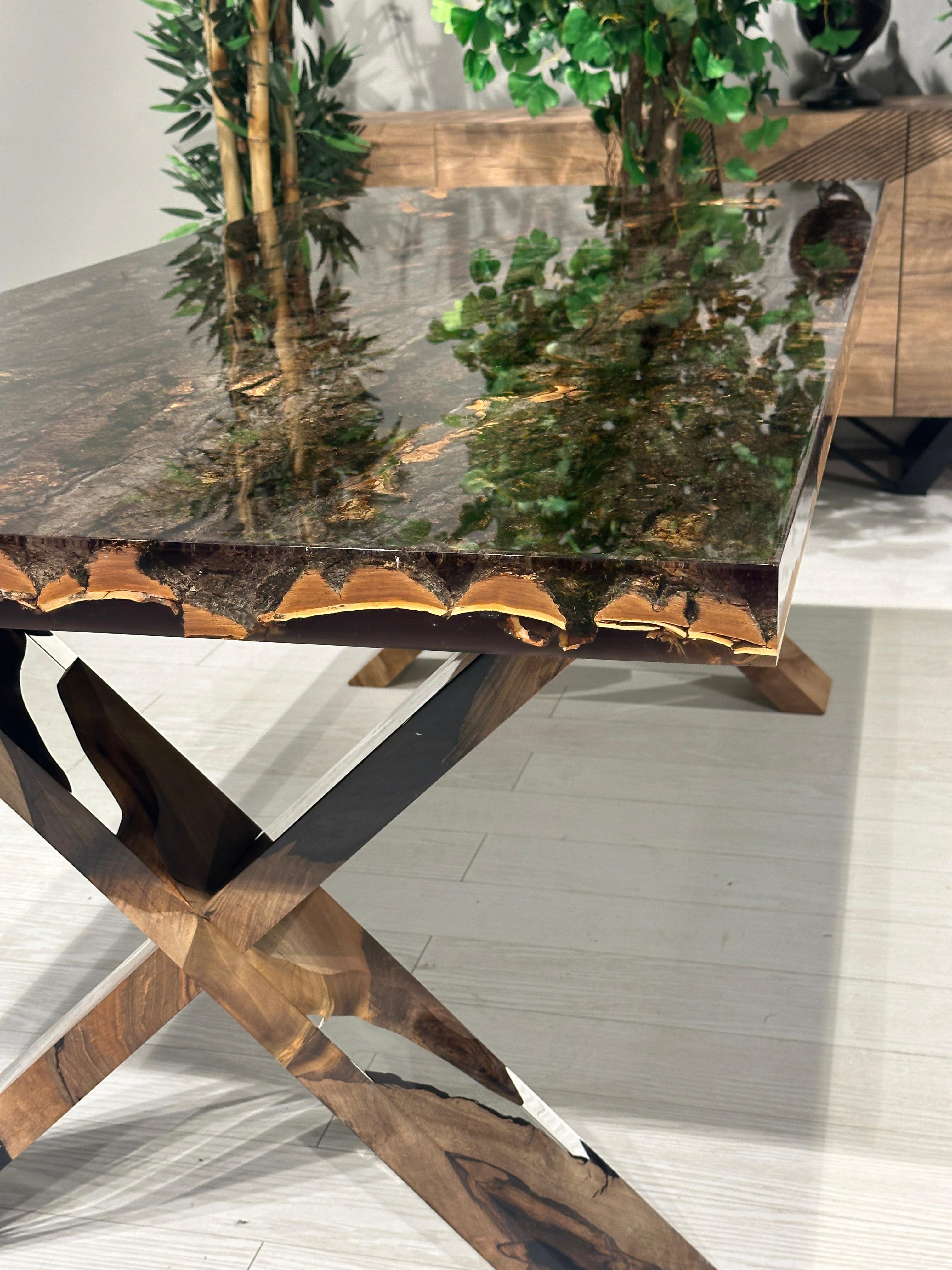 Turkish Bark & Moss Ultra Clear Epoxy Resin Dining Table For Sale