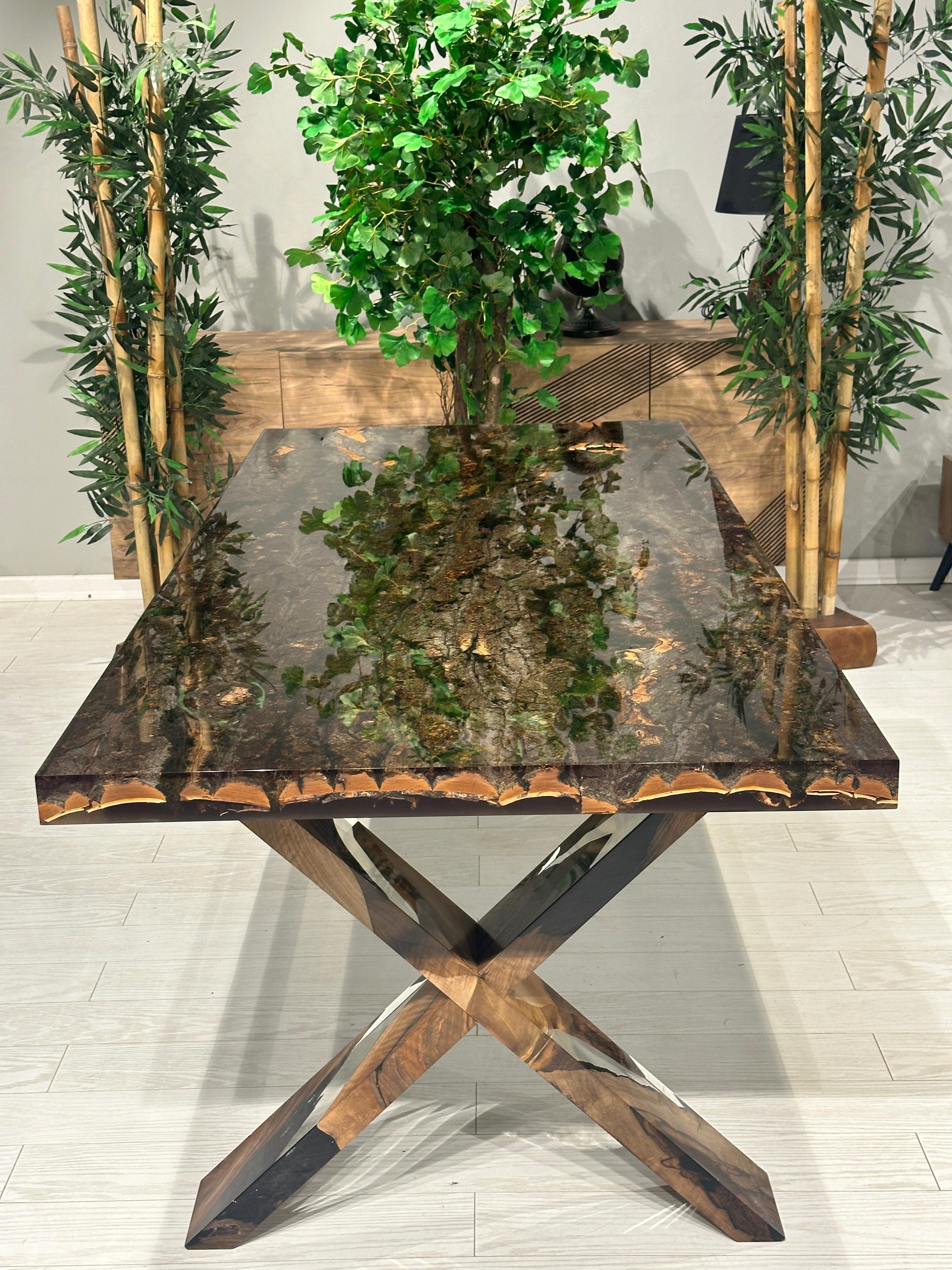 Arts and Crafts Bark & Moss Ultra Clear Epoxy Resin Dining Table For Sale