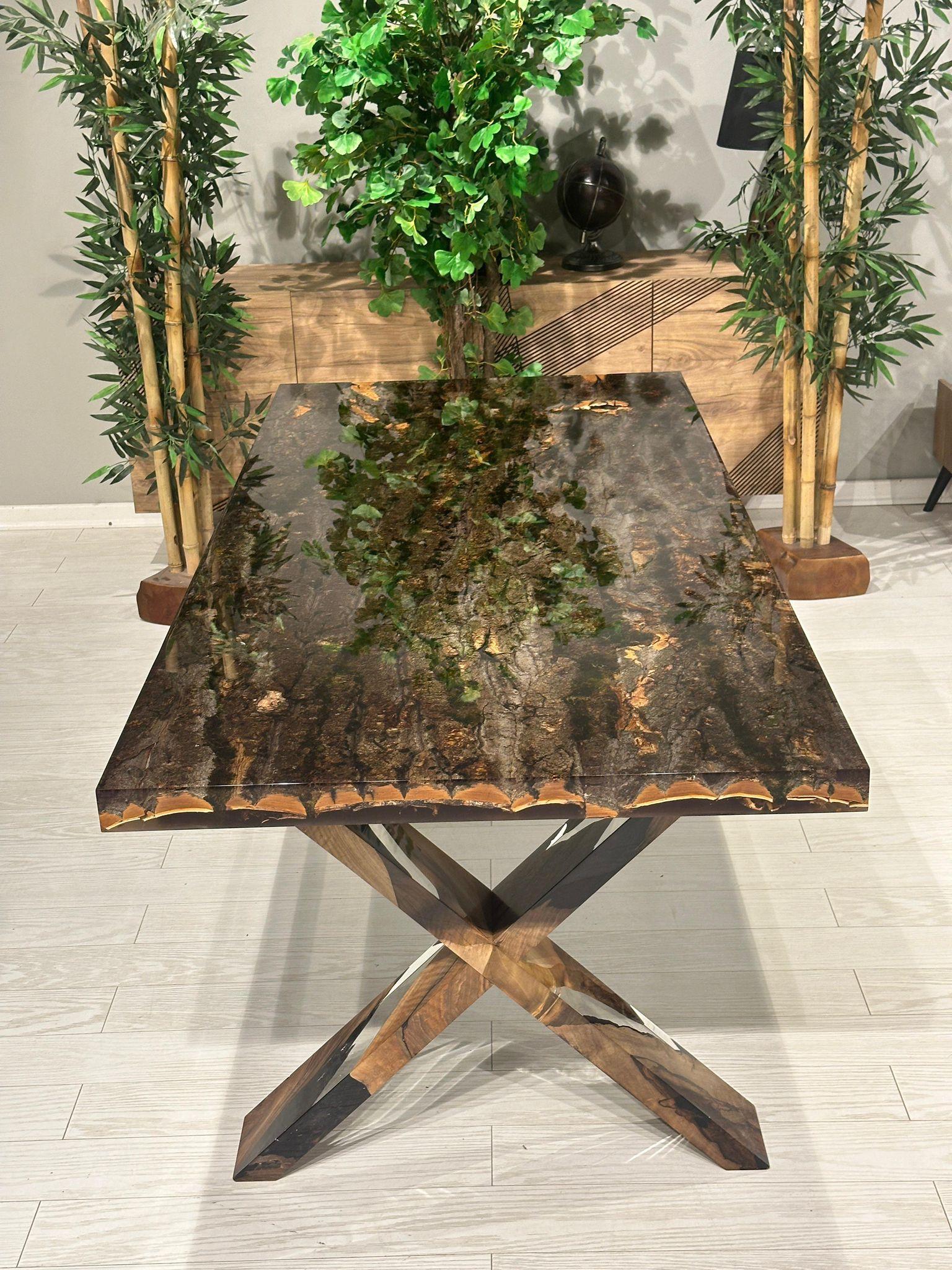 Turkish Bark & Moss Ultra Clear Epoxy Resin Dining Table For Sale