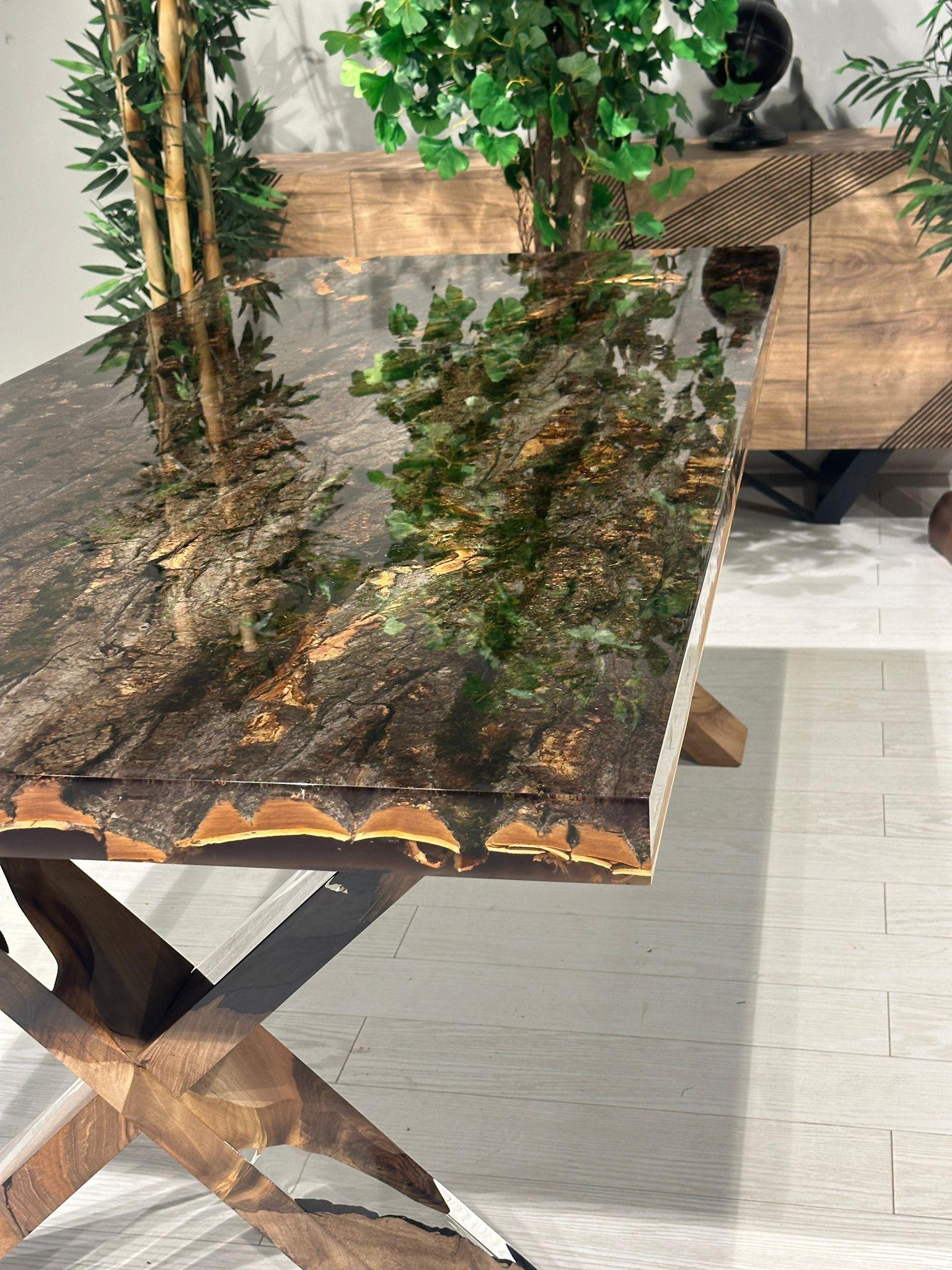 Welded Bark & Moss Ultra Clear Epoxy Resin Dining Table For Sale
