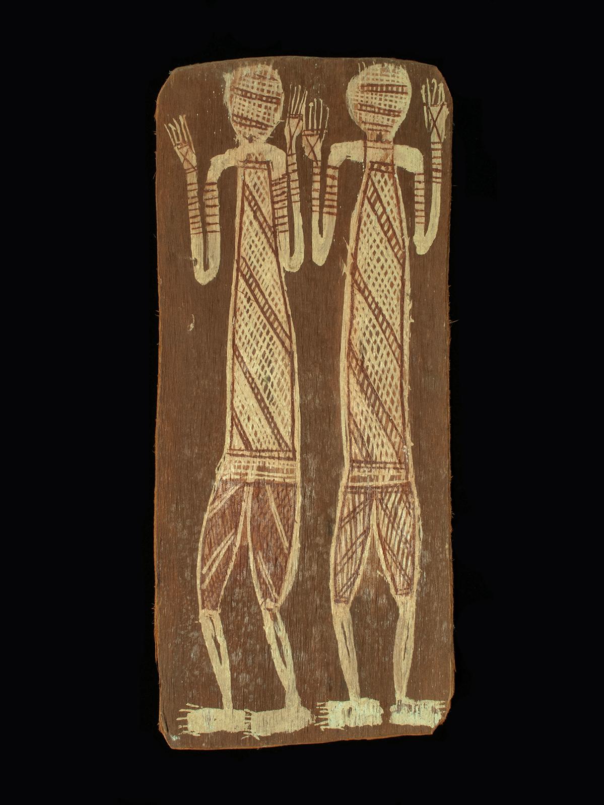 Bark painting of Two Figures by Jimmy Mijau Mijau, Northern Territory, Australia

Jimmy Mijau Mijau (Jimmy Midjawmidjaw) was a Crocker Island artist known for painting Mimih figures. These two figures are probably not Mimihs, but appear to be